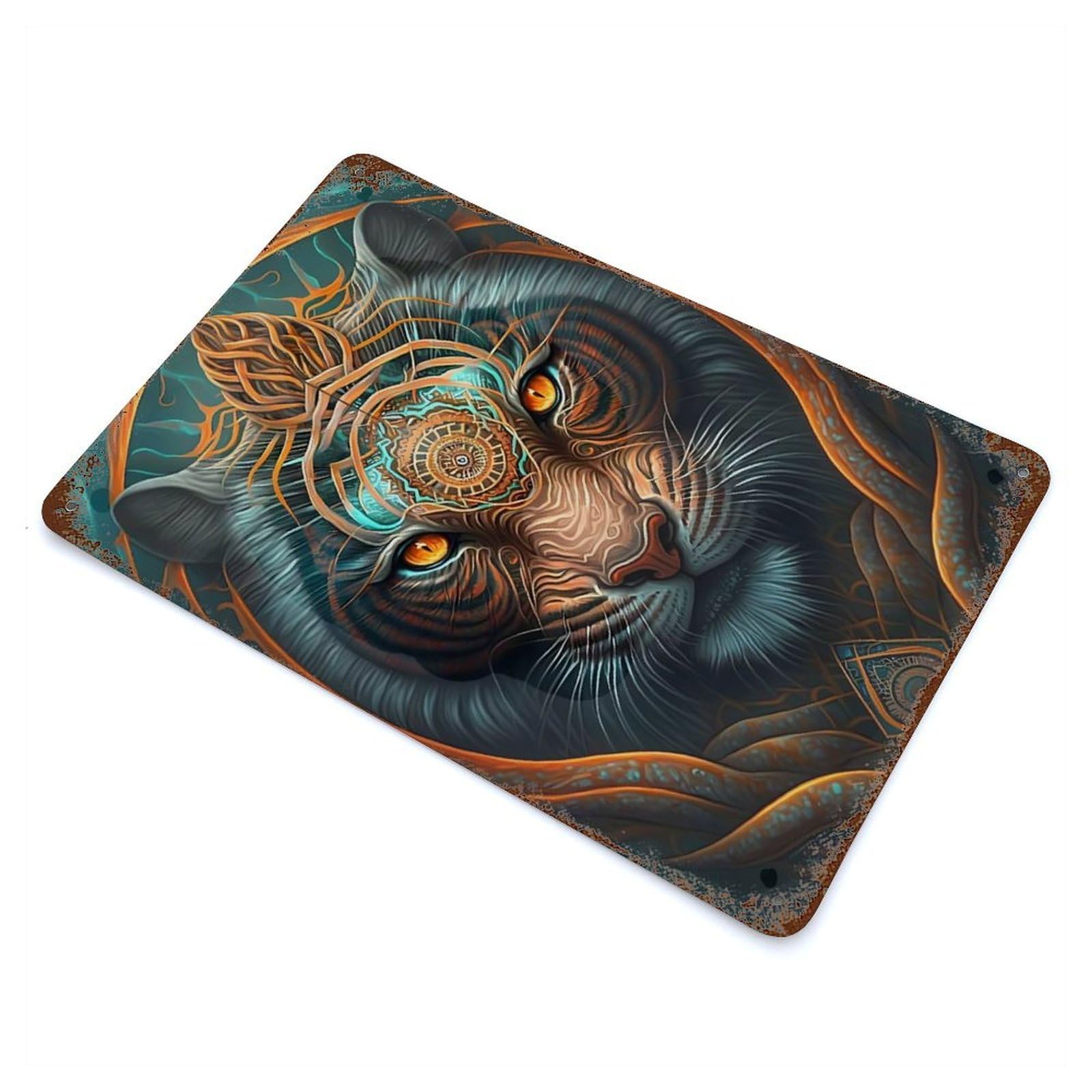 Vintage Metal Tin Sign with Tiger Mystical Beings Design 11.8"x7.9", for Garage, Bar And Workshop Decor, Novelty Wall Decor