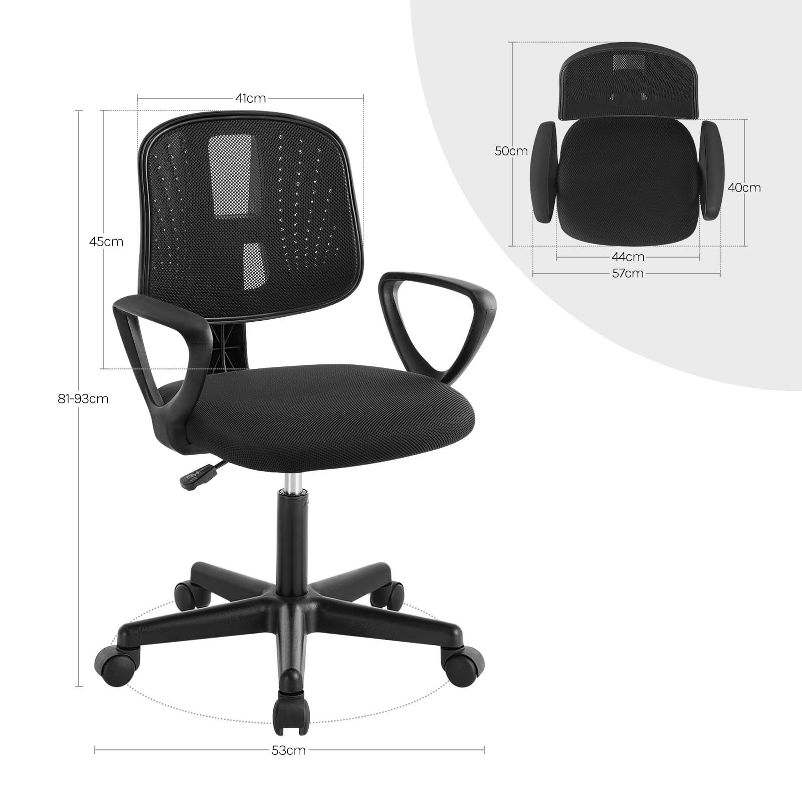 Krzesło biurkowe dla dzieci, obrotowe krzesło do nauki, ergonomiczne krzesło z kółkami, oddychająca tkanina siatkowa, automatycznie regulowany stołek obrotowy z oparciem, czarny, K0003BS