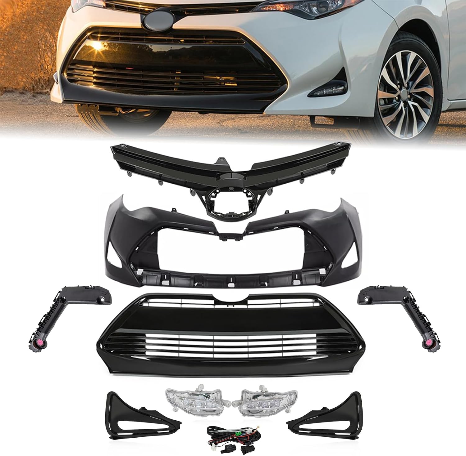 Front Bumper Cover With Support Retainer Brackets + Upper & Lower Grille + Foglights Set Fit For 2017 2018 2019 Toyota Corolla L LE XLE CE Sedan Completion Front Car Body Assembly Replacement