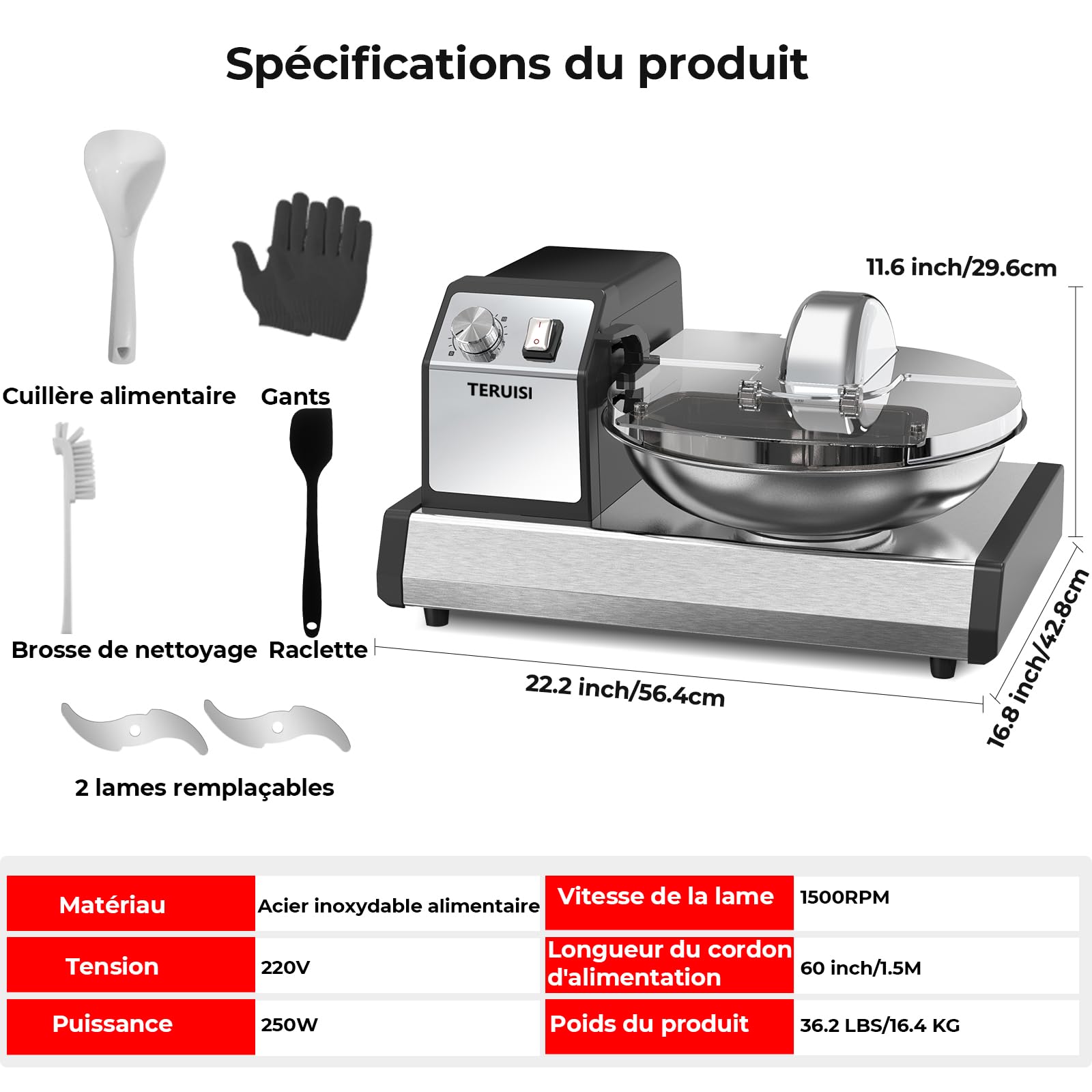 Robot Culinaire Professionnel, Hachoir à Viande Électrique 250W 1500RPM, Bol Inox 5,7L avec Minuterie 0-15 Min, Mixeur Légumes et Pétrin pour Cuisine Commerciale