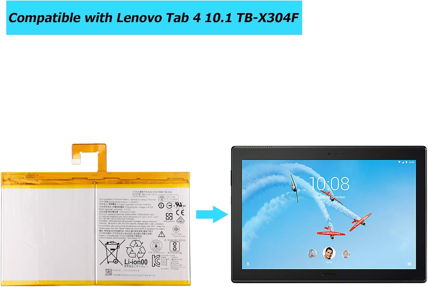 L16D2P31 Replacement Battery Compatible with Lenovo Tab 4 10.1 TB-X304F TB-X304L with Tools