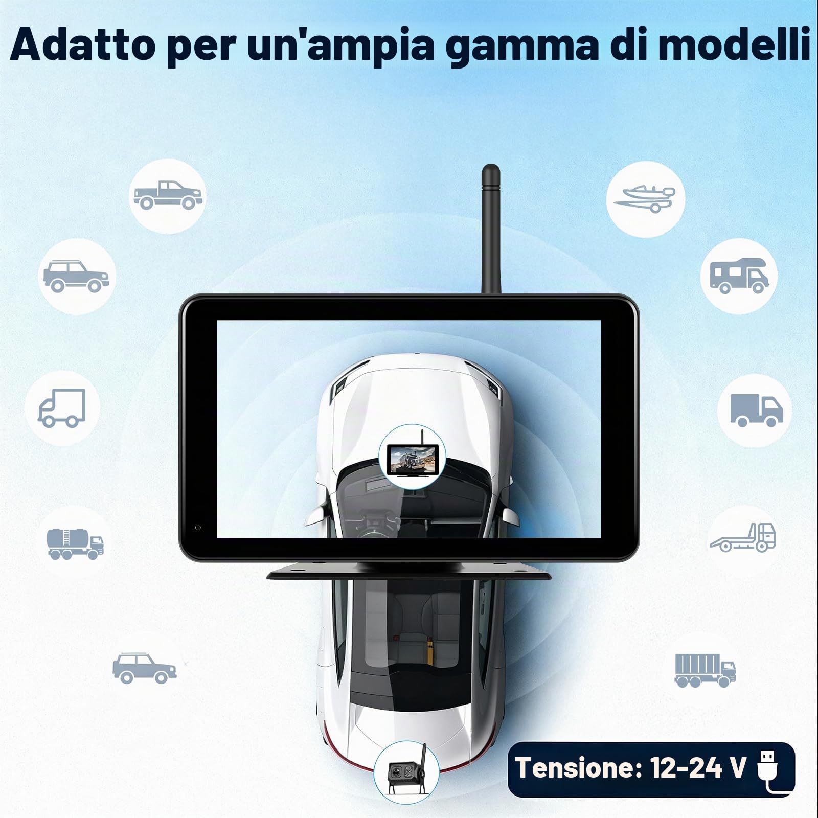CAMECHO 7'' WIRELESS Telecamera Posteriore con monitor e IP68, Visione Notturna DVR Telecamera Posteriore per auto con Ingrandisci/riduci il filmato, Schermo diviso, BSD, Slot per scheda SD