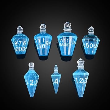 Cusdie 7-Die Sharp Edges DND Dice Set, Potion Shaped D&D Dice, Handcrafted Polyhedral Dice Set, Potion Dice for TTRPG Role Playing Game Pathfinder(Blue w/White Numbers)