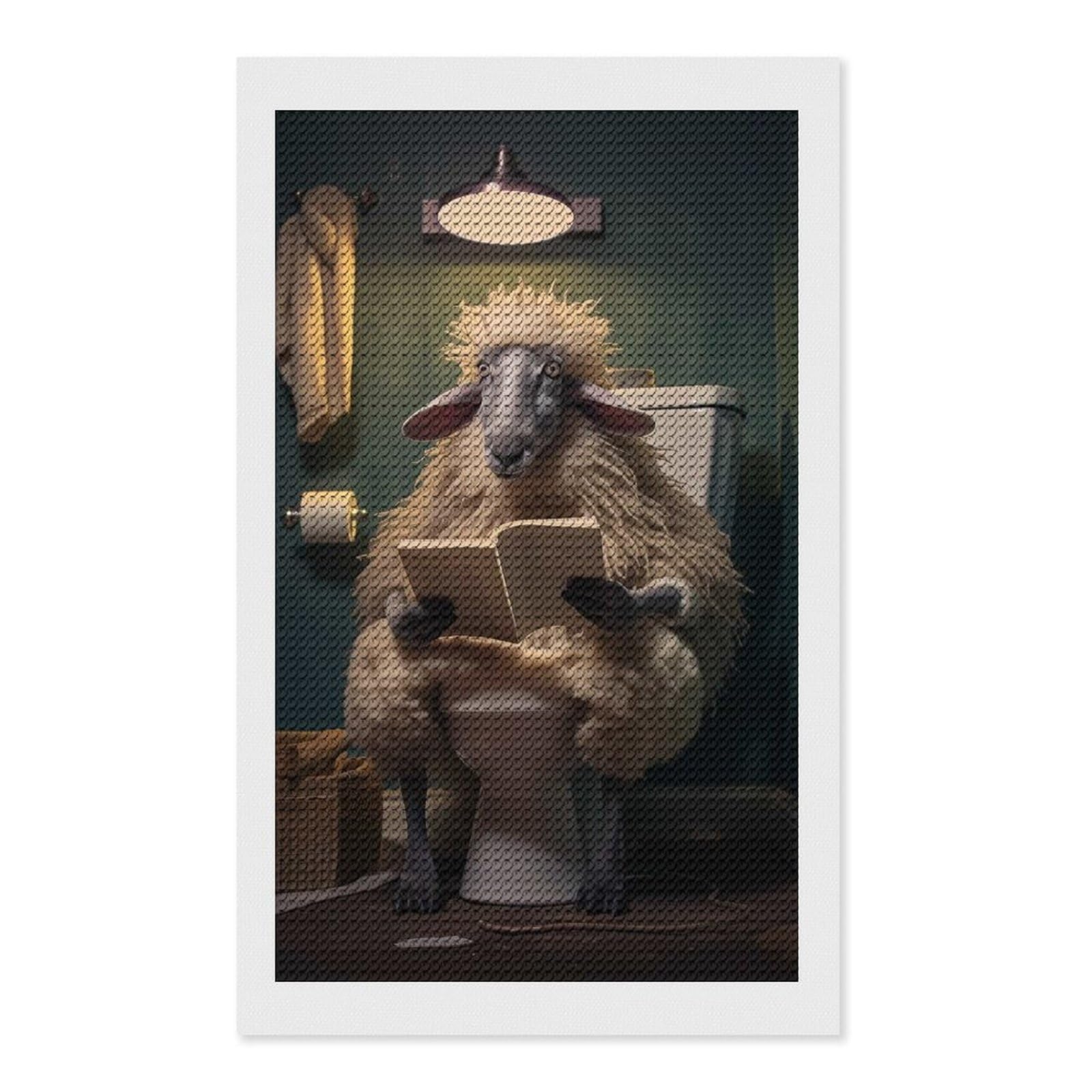 Junmoney Fat Sheep Toilet Newspaper Diamond Painting Canvas Set 12"x20", Easy to Enjoy, Adhesive Canvas, Office Decor, Holiday Gift Idea, with Tool Kit