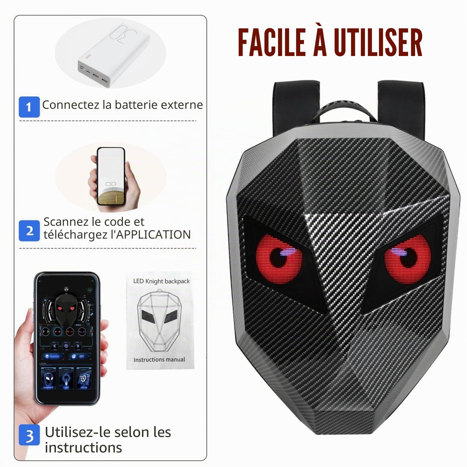 Bewinner Sac à Dos LED Moto texturé en Fibre de Carbone – Sac à Dos de Moto Homme à Coque Rigide 3D avec écran Numérique Programmable, Sac de Casque D'équitation étanche pour L'extérieur