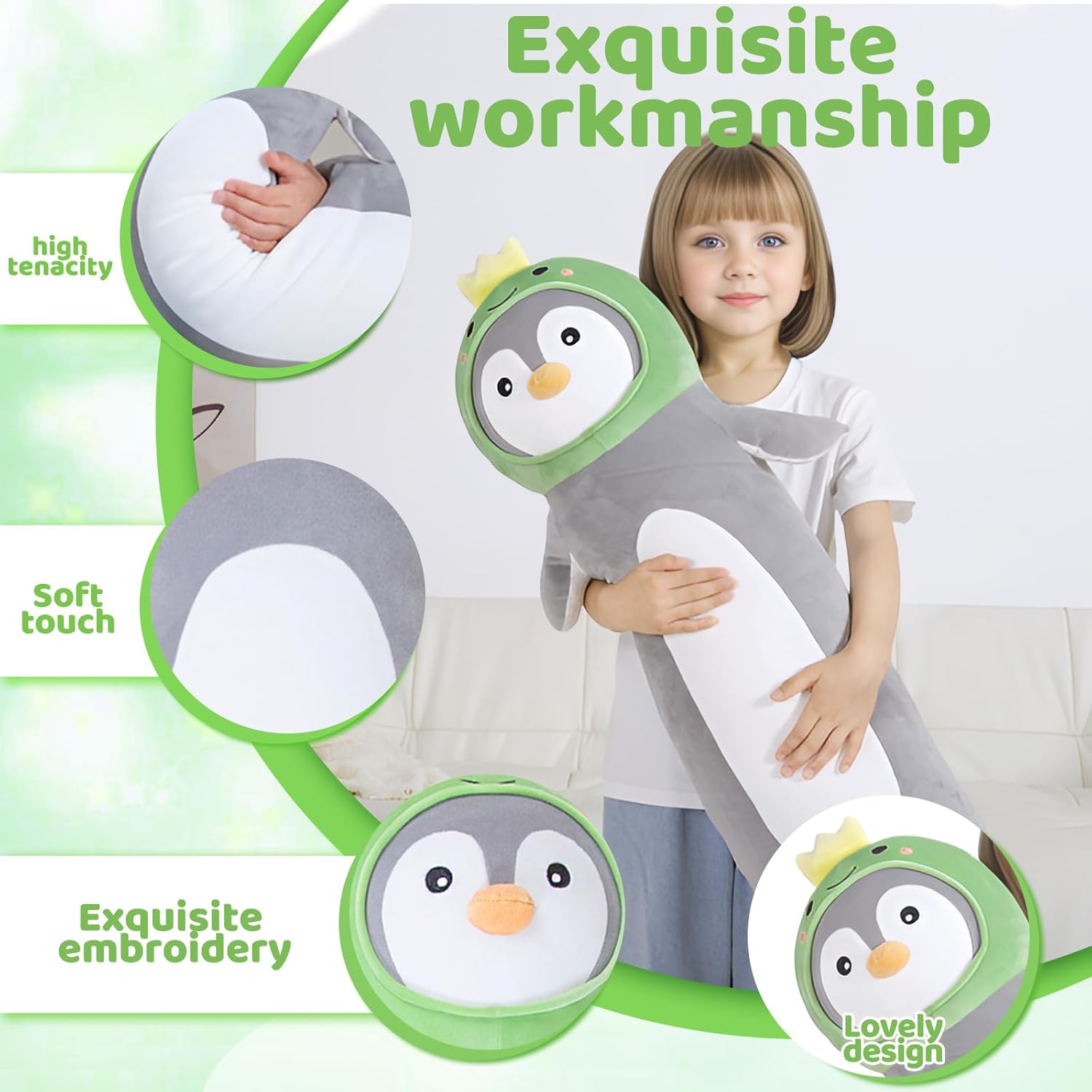 36 inch Long Penguin Plush Toy, Big Stuffed Animal with Cute Dinosaur, Cuddle Sleeping Body Pillow Penguin Plushies Gifts for Kids Boys Girls, Birthday, Halloween, Christmas - Image 3