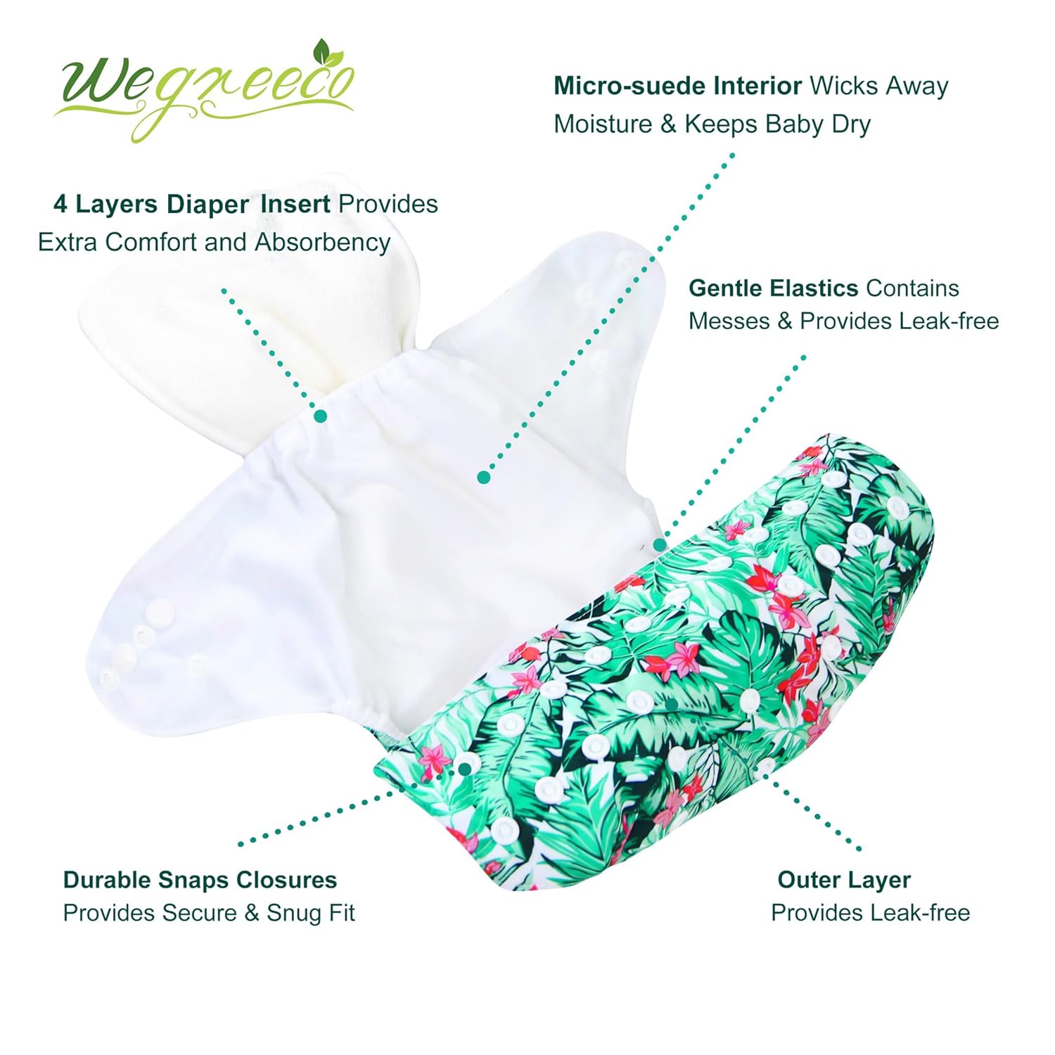 wegreeco Cloth Diapers 6 Pack with 6 Inserts & 1 Wet Bag, Washable Cloth Diapers for Babies, One Size Adjustable Reusable (Rainbow, Horse) - Image 2
