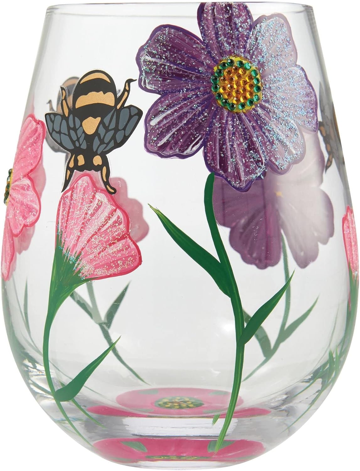 Enesco Designs by Lolita My Drinking Garden Hand-Painted Artisan Stemless Wine Glass, 20 Ounce, Multicolor
