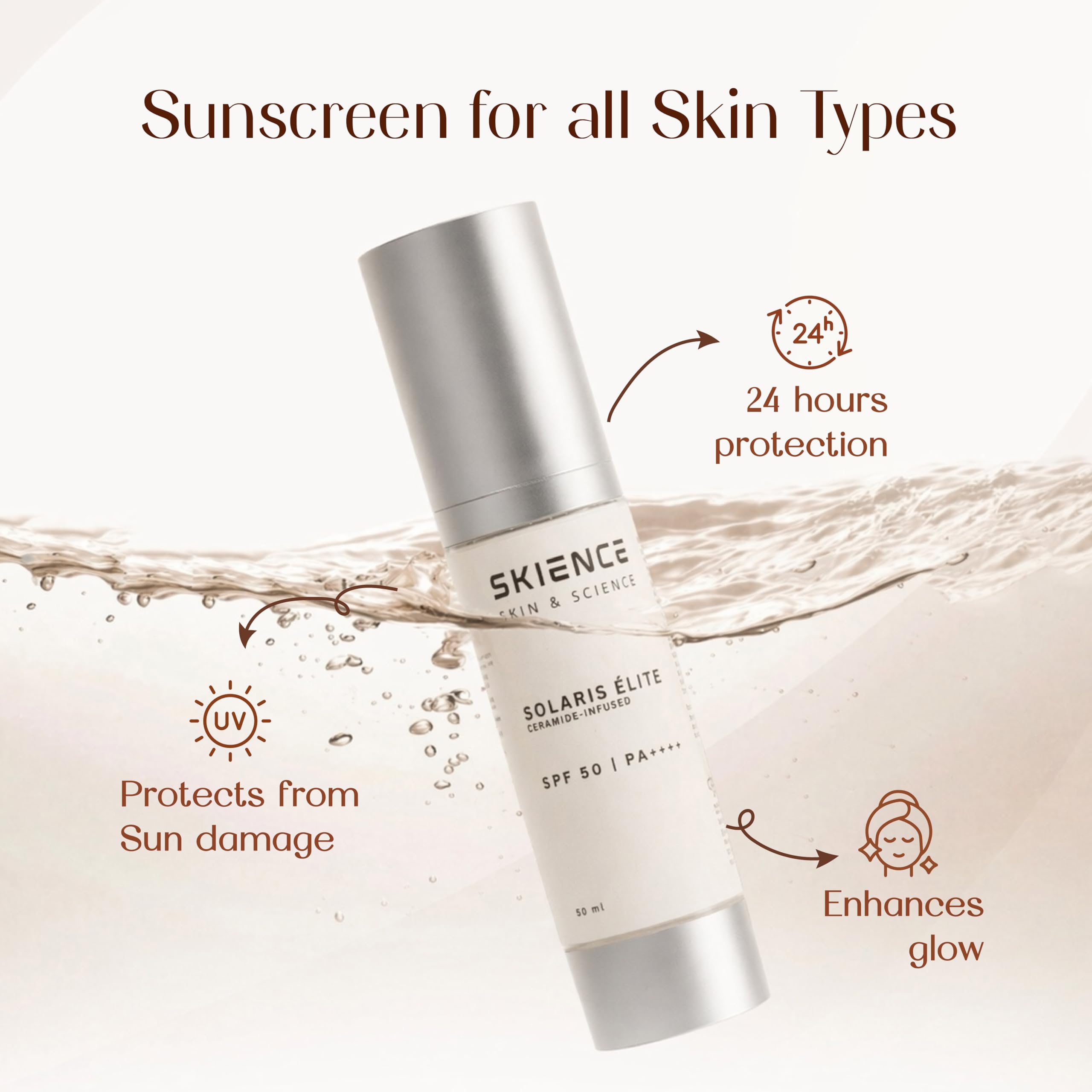 SKIENCE Solaris Élite SPF 50+ PA++++ | Ceramide-Infused Ultra-Broad Spectrum Sunscreen | Photostable UVA/UVB Protection | No White Cast | 50 ml 1