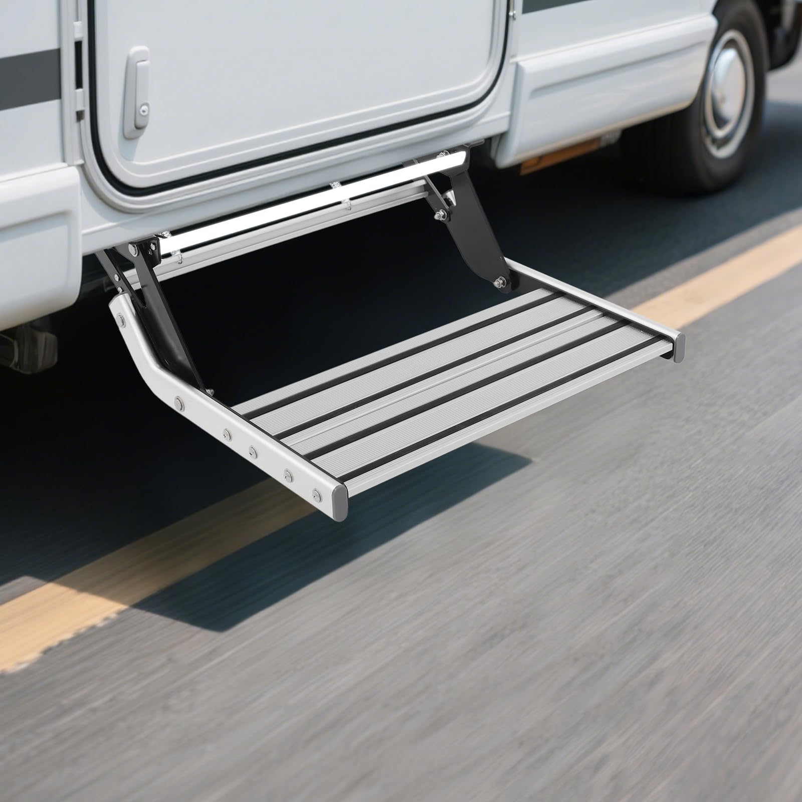 Gradino esterno per camper in alluminio con illuminazione a LED, pieghevole manualmente, antiscivolo, resistente alle intemperie, gradino singolo, facile da montare, accessorio per roulotte, camper