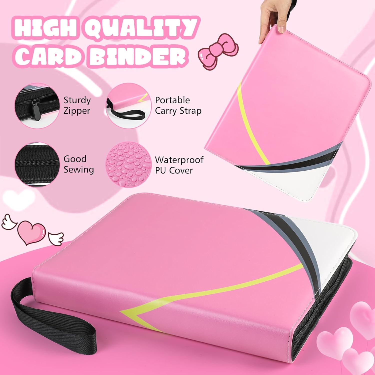 9 Pocket Card Binder for Pokemon Card, 720 Pockets Card Binder Holder with 40 Removable Sleeves, 3-Ring Zip Design Trading Card Albums for MTG/TCG/Sport Collectible Gifts for Boys and Girls (Pink)
