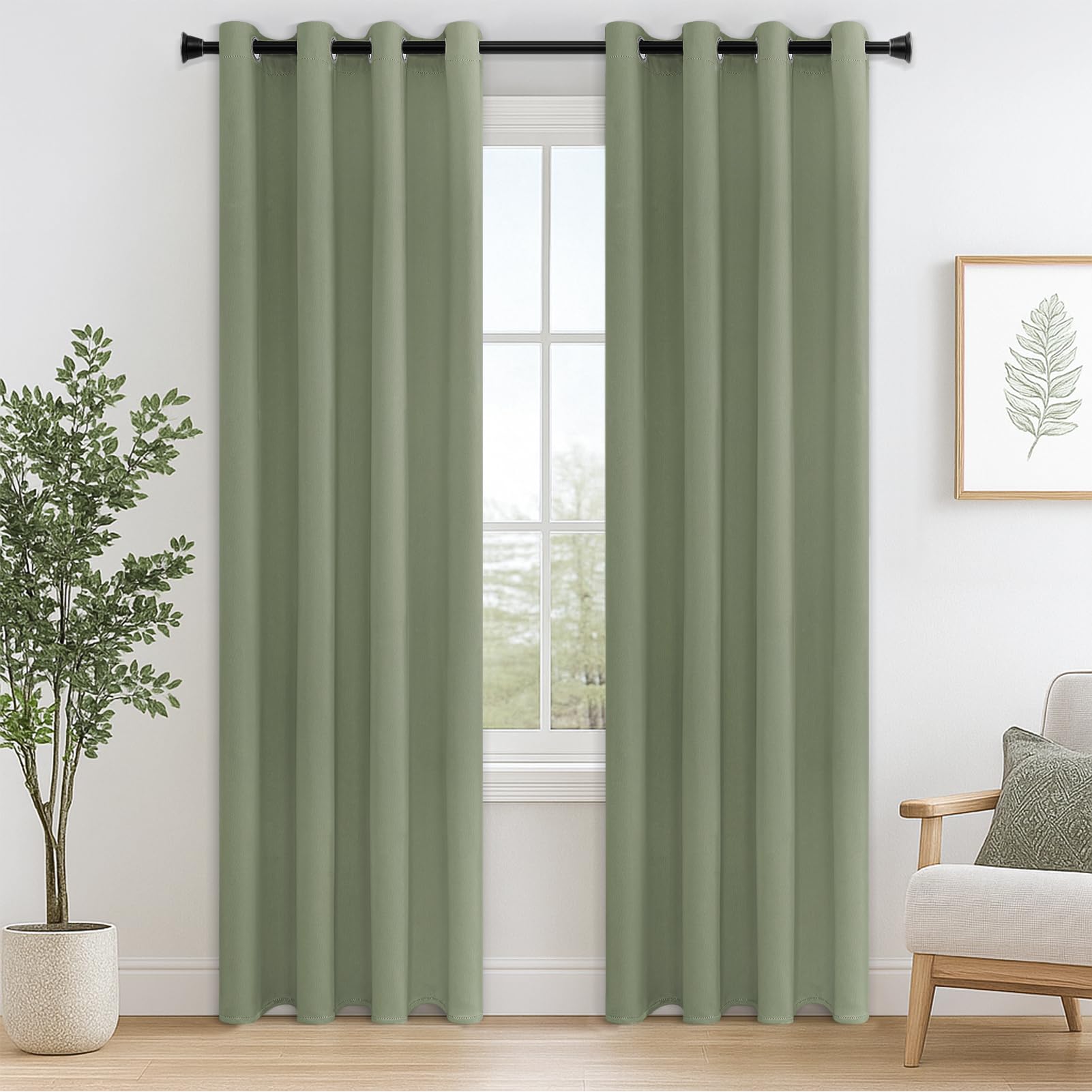 MRTREES Opaque Green Curtain with Eyelets, Set of 2, Thermal Curtain, Cold Protection Door, 200 cm Long, 140 cm Wide, Blackout Curtains for Living Room, Bedroom, Balcony Door — image 1