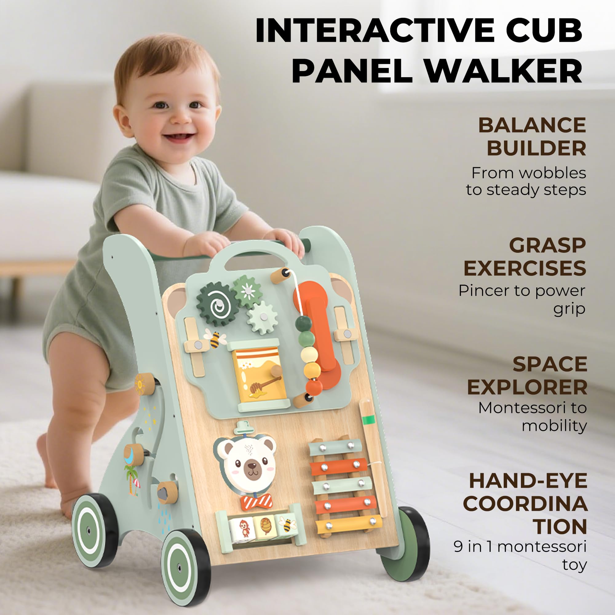 WOODMAM Baby Lauflernwagen aus Holz Lauflernhilfe ab 12+ Monaten Montessori Spielzeug Multifunktion Baby Walker Spielzeug für Kleinkind ab 1 Jahr Geschenk für Jungen und Mädchen