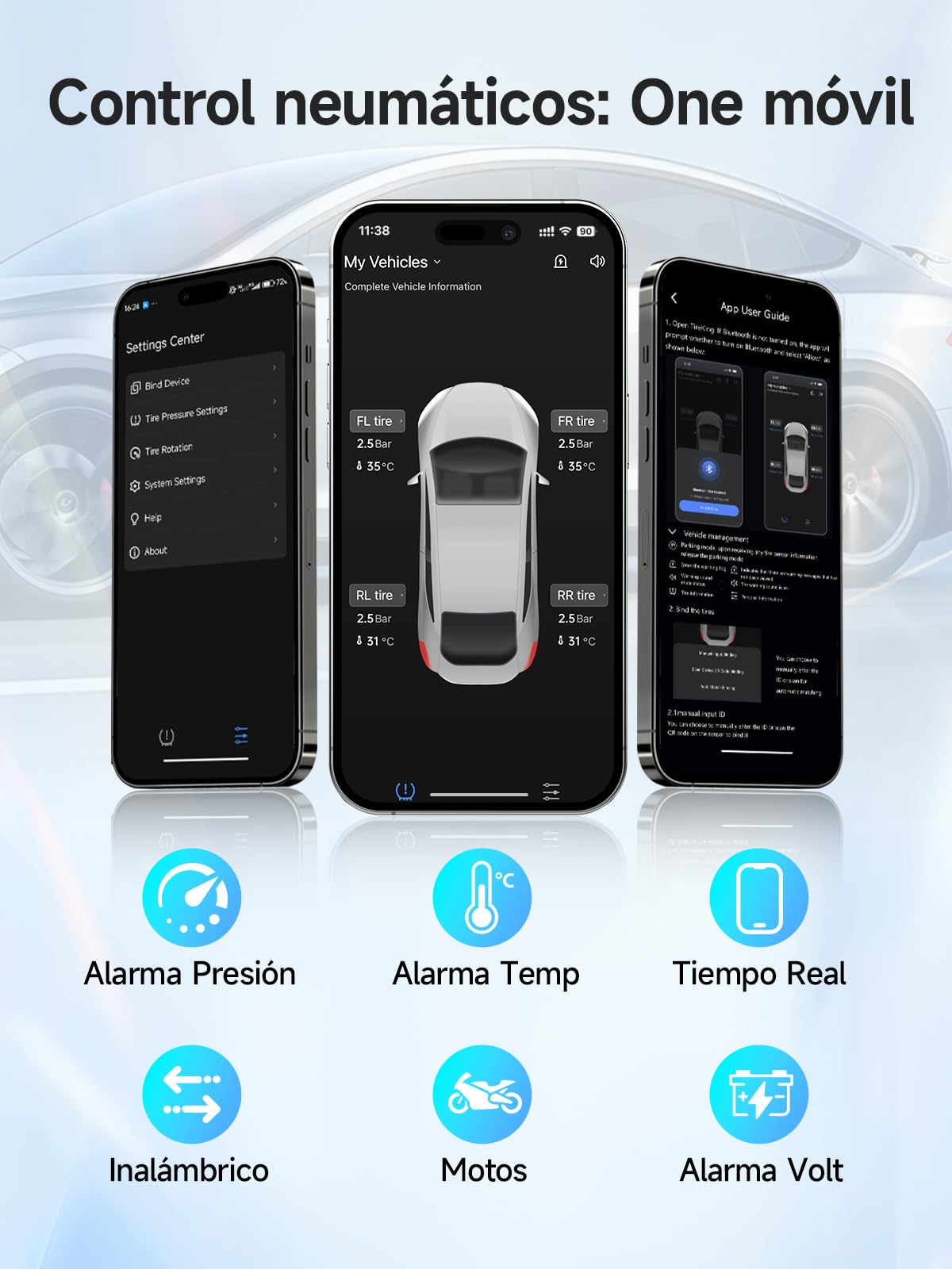 Sistema de control de presión de neumáticos Moman TPMS 4 sensores para motocicleta con aplicación, monitor de presión y temperatura de neumáticos con función de alarma, solo compatible con iOS & Andro