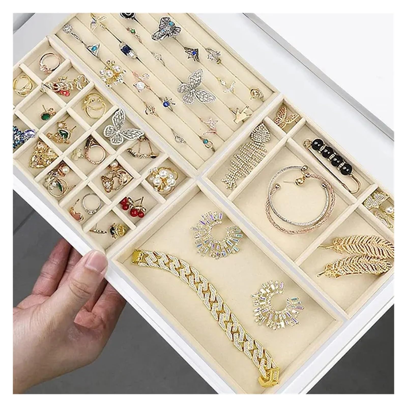 Plateau Bijoux Présentoir à Bijoux en Velours Porte-Bijoux Exquis Portable Bague Boucles d'oreilles Collier Organisateur Boîte de Rangement Organisateur Plateaux Beige