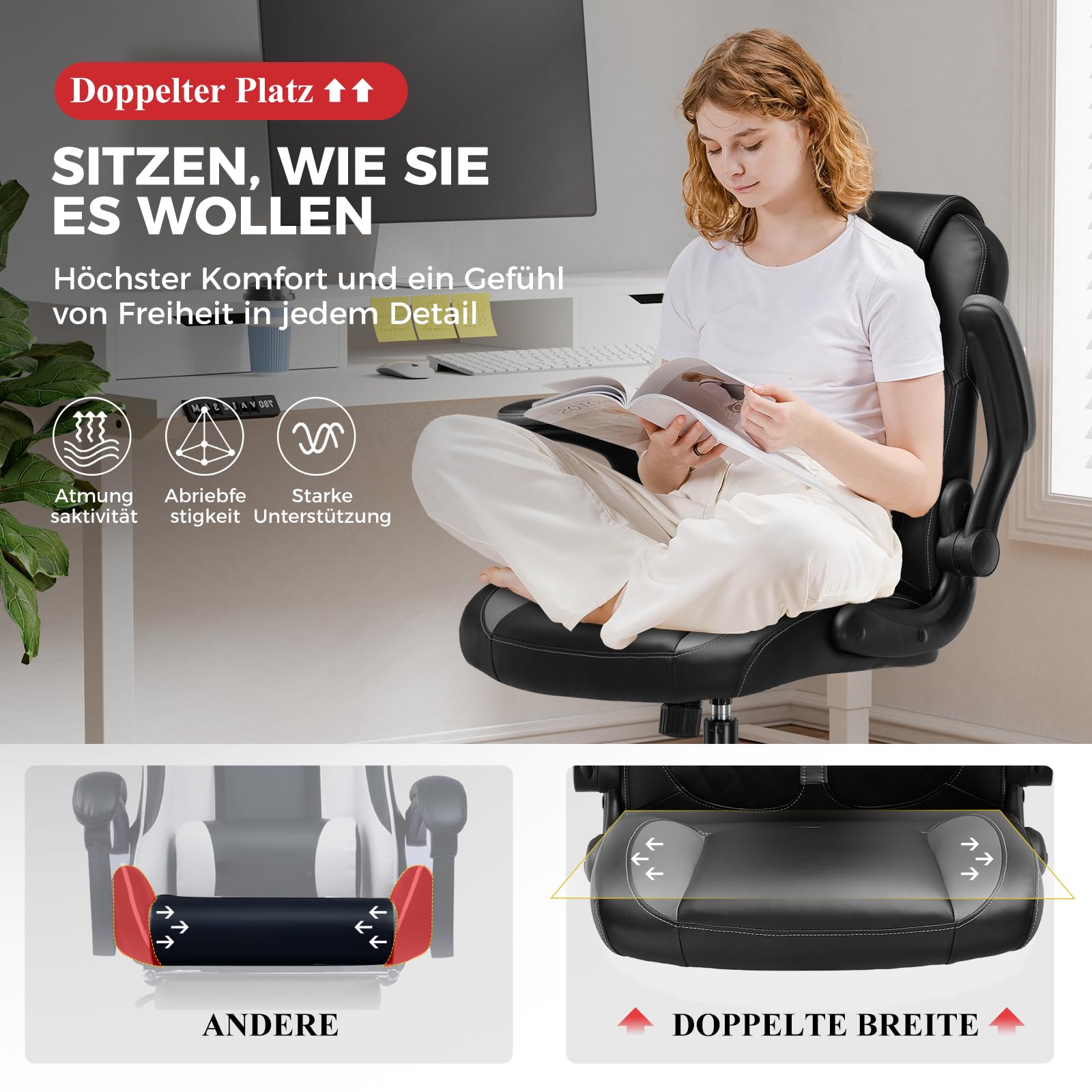 GTPLAYER Gaming Stuhl mit hochklappbarer Armlehne, Video Gaming Stuhl mit Schaukelfunktion, Ergonomischer Computer mit hochdichtem Schwamm und Höhenverstellbar (grau)