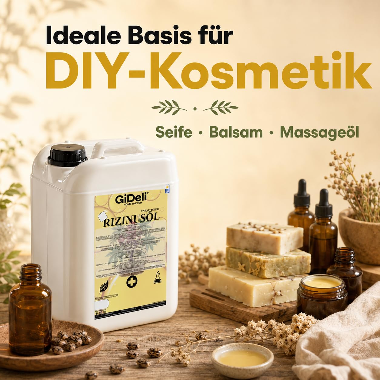GiDeli Aceite de ricino prensado en frío, 10 l, puro aceite de ricino en Ph. Eur. Calidad para cabello, pestañas y piel – Aceite de cuidado sin refinar como base para cosméticos naturales DIY – Sin