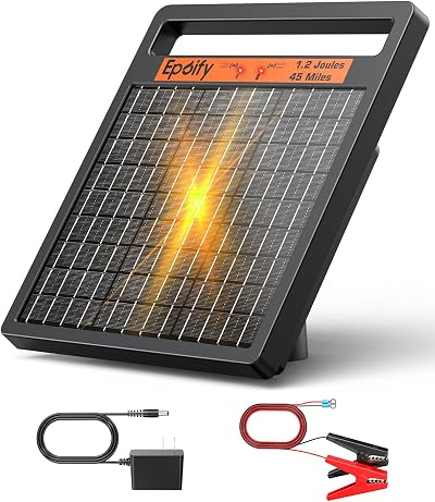 Solar Electric Fence Charger 1.2J Stored Energy, 45 Miles Coverage,8W Solar Fence Energizer with 10000mAh Battery,7–11kV Output, Smart Alarm, All-Weather Fence Charger for Cattle, Horses & Farms