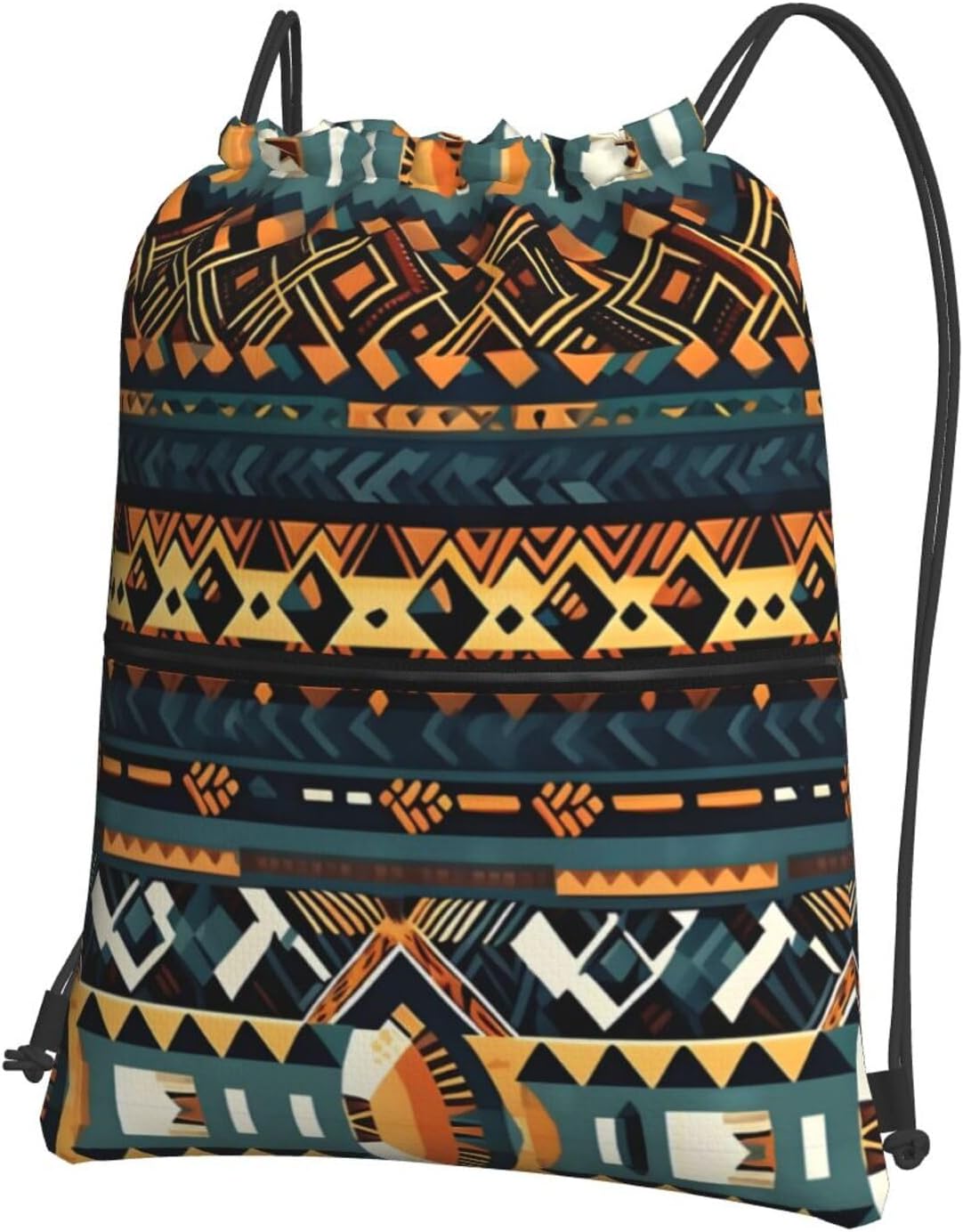 African Tribal Ethnic Textureprinted Drawstring Zipper Backpack, Polyester Outdoor Casual Backpack, Waterproof And Lightweight, Ideal For Fitness, Travel And Other Activities.
