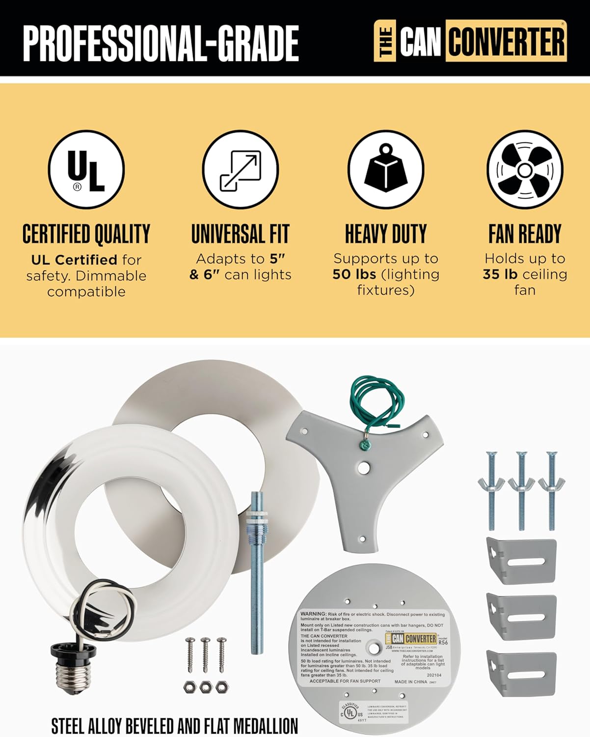 The Can Converter R56 Recessed Can Light Conversion Kit w/ 7"¾ Flat & Beveled Ceiling Medallion - Home Improvement for 5" & 6" Cans, Fan & Light Fixture Converter Kit, UL Certified, Polished Chrome