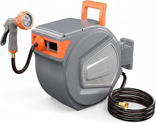 Retractable Garden Hose Reel,Heavy Duty Water Hose Reel,Wall Mounted with 9-Pattern Spray Nozzle,Any Length Lock,Slow Retract System,180° Swivel for Yard,Lawn,Patio & Car Wash (Grey, 1/2" x 65 FT)