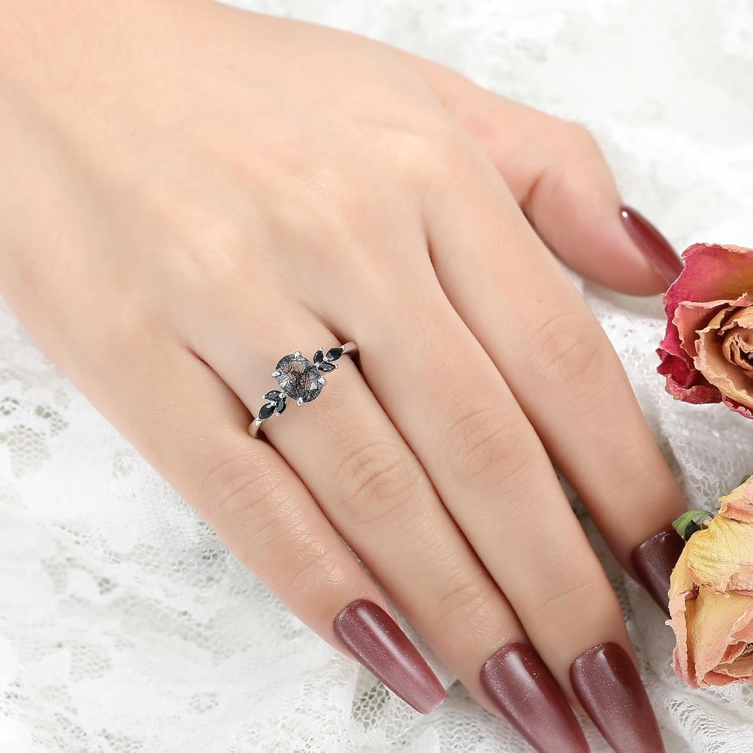 IRROYA Natural Gemstone Engagement Ring for Women 925 Sterling Silver Moss Agate/Black Rutilated Quartz Art Deco Bridal Wedding Promise Ring for Her Size 4-9 - Image 6