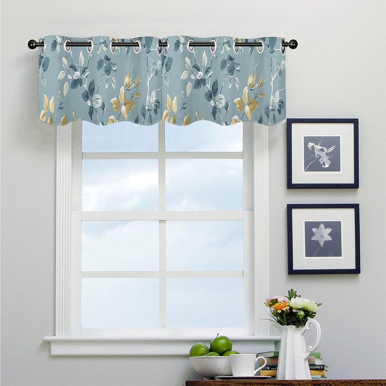 Gray Vine Pattern Valance for Windows, 2 Pack Kitchen Curtains Modern Home Decor, Soft Blackout Window Curtains for Living Room & Bedroom, 18 X 52 Inch