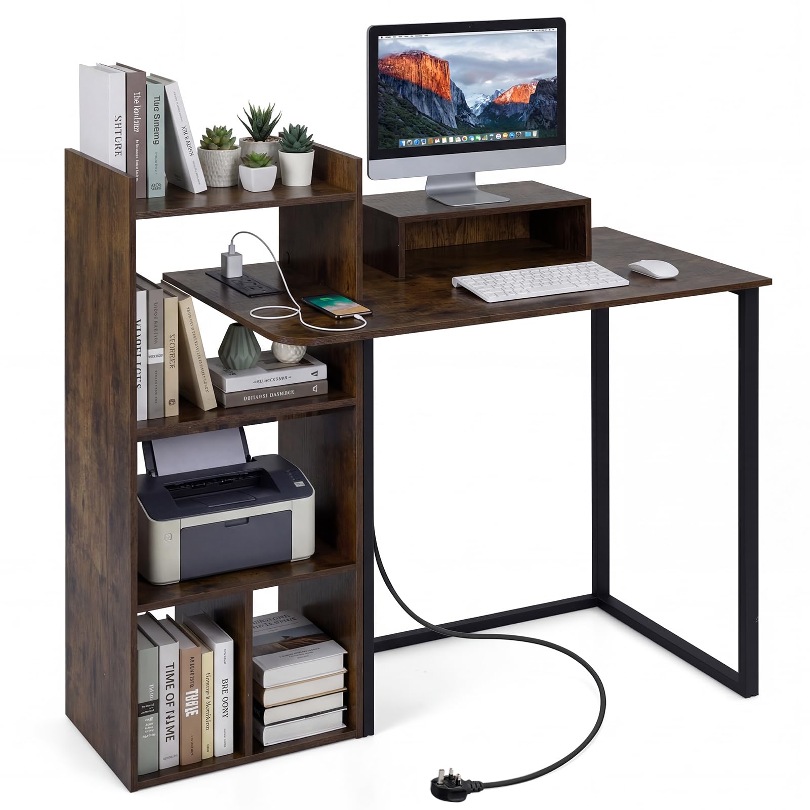 COSTWAY Computer Desk with Storage Shelves, 110CM PC Laptop Table Writing Workstation with Charging Station & Ergonomic Monitor Stand, Modern Compact Working Gaming Study Desk for Home Office (Brown)