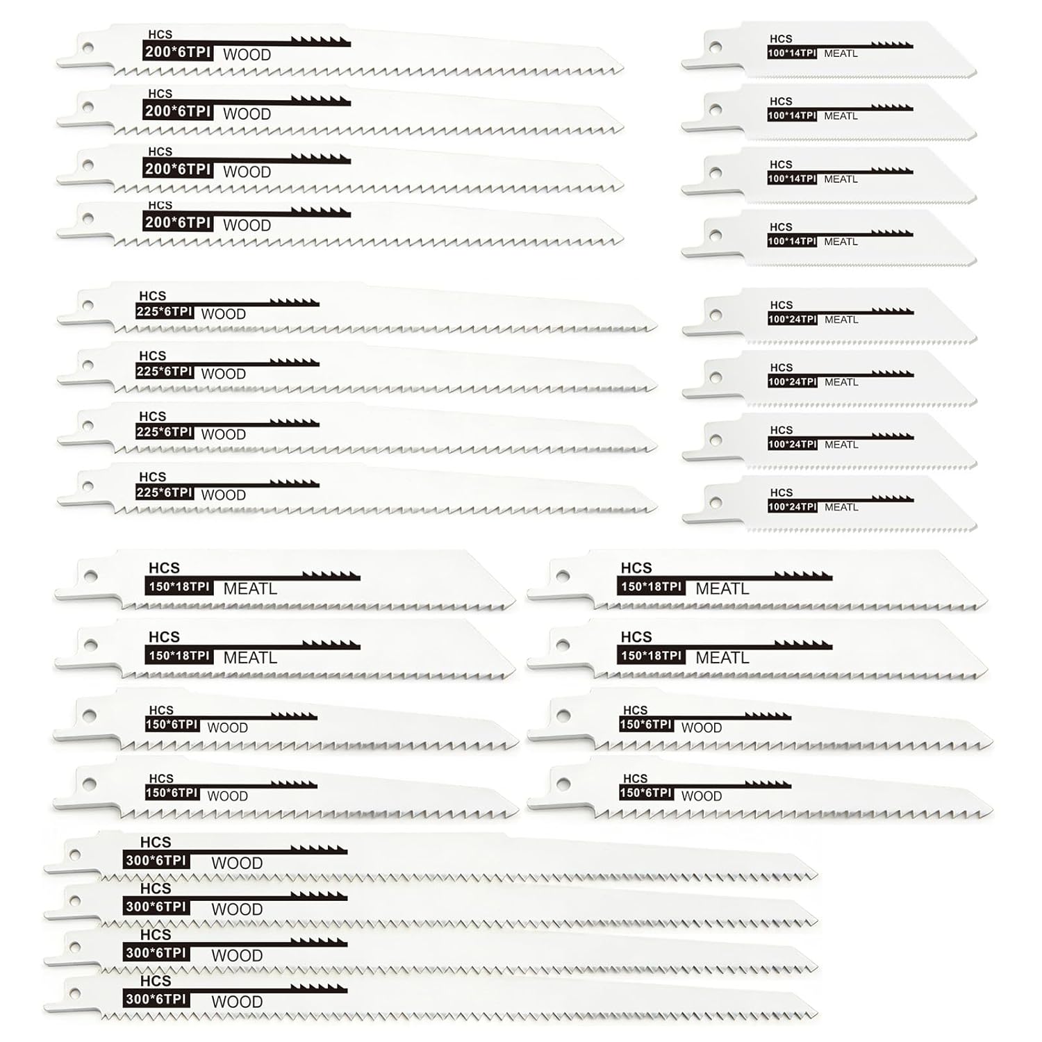 28-Piece Reciprocating Saw Blade Set, 7 Versatile Sizes for Wood & Thin Metal Cutting, HCS Replacement Blades Includes 4", 5", 8", 9", 12" (6-24 TPI), Universal Shank Compatible with Major Recip Saws