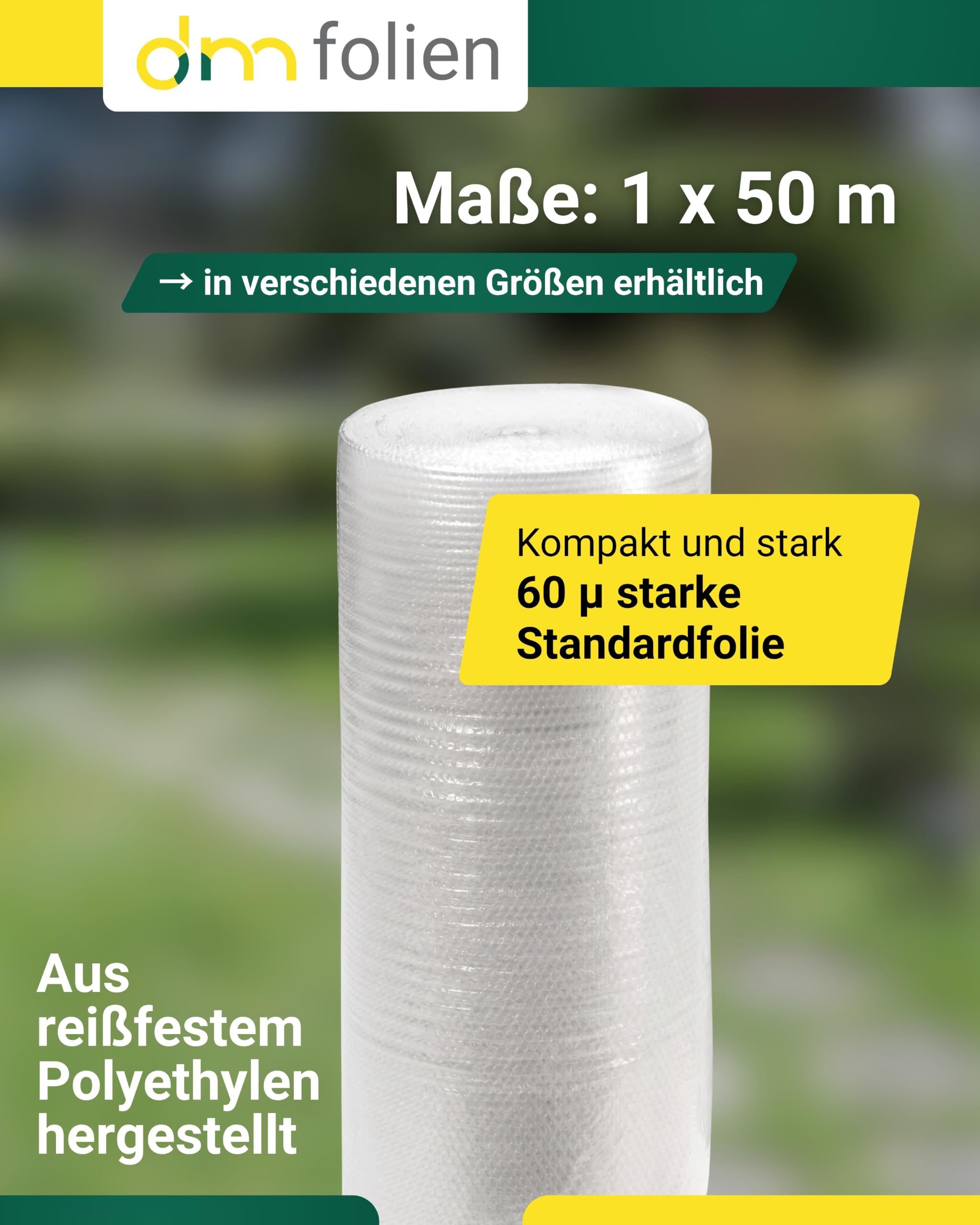 dm-folien Jumborolle Luftpolsterfolie I 1 x 50 m I 10 mm Noppen I 2-lagige, reißfeste & stoßdämpfende Verpackungsfolie I 60 my Noppenfolie für Versand, Umzug & Transportschutz