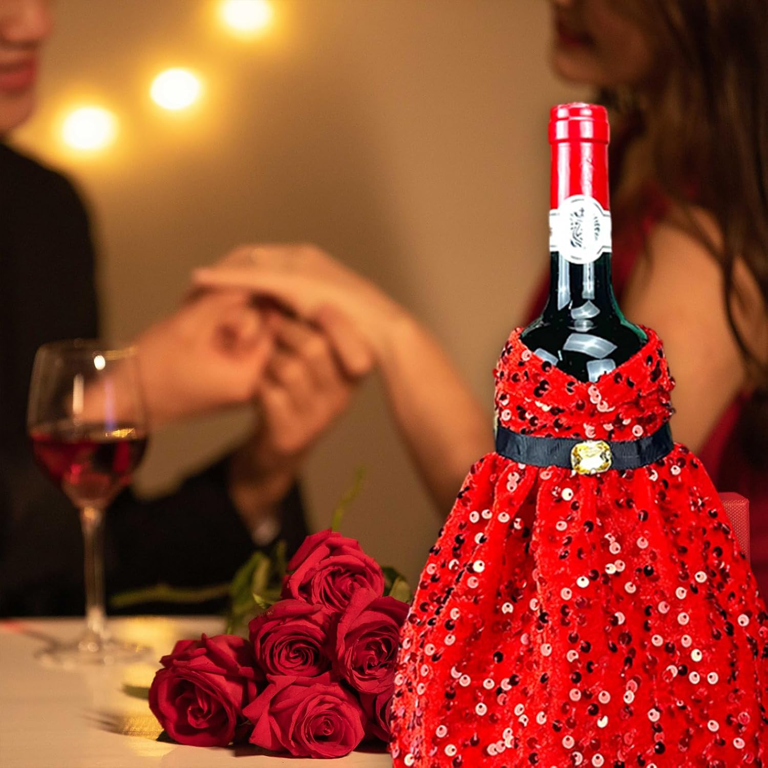 Valentine's Day Wine Bottle Cover Sequin Red Dress Wine Bottle Decoration Glitter Valentine Champagne Bottle for Valentine's Day Date Wedding Dining Party Table Decoration