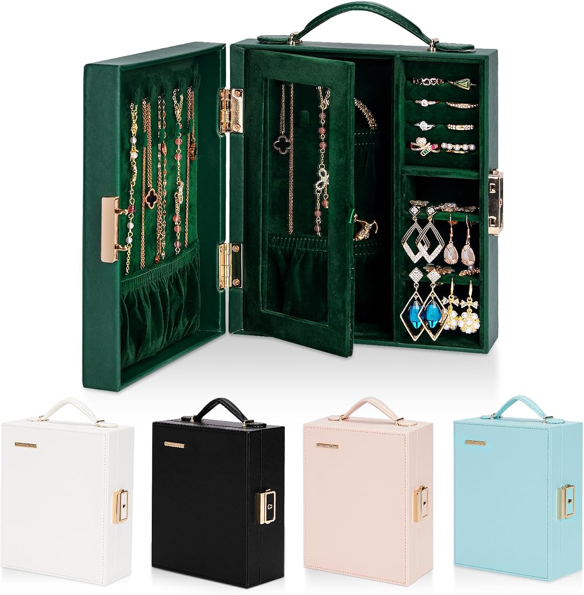 Portable Travel Jewelry Case: Jewelry Box with Lock and Mirror | Quality PU Leather & Velvet Lined Jewelry Organizer - Large Capacity for Ring Earring Large Necklaces - Birthday Gift for Her
