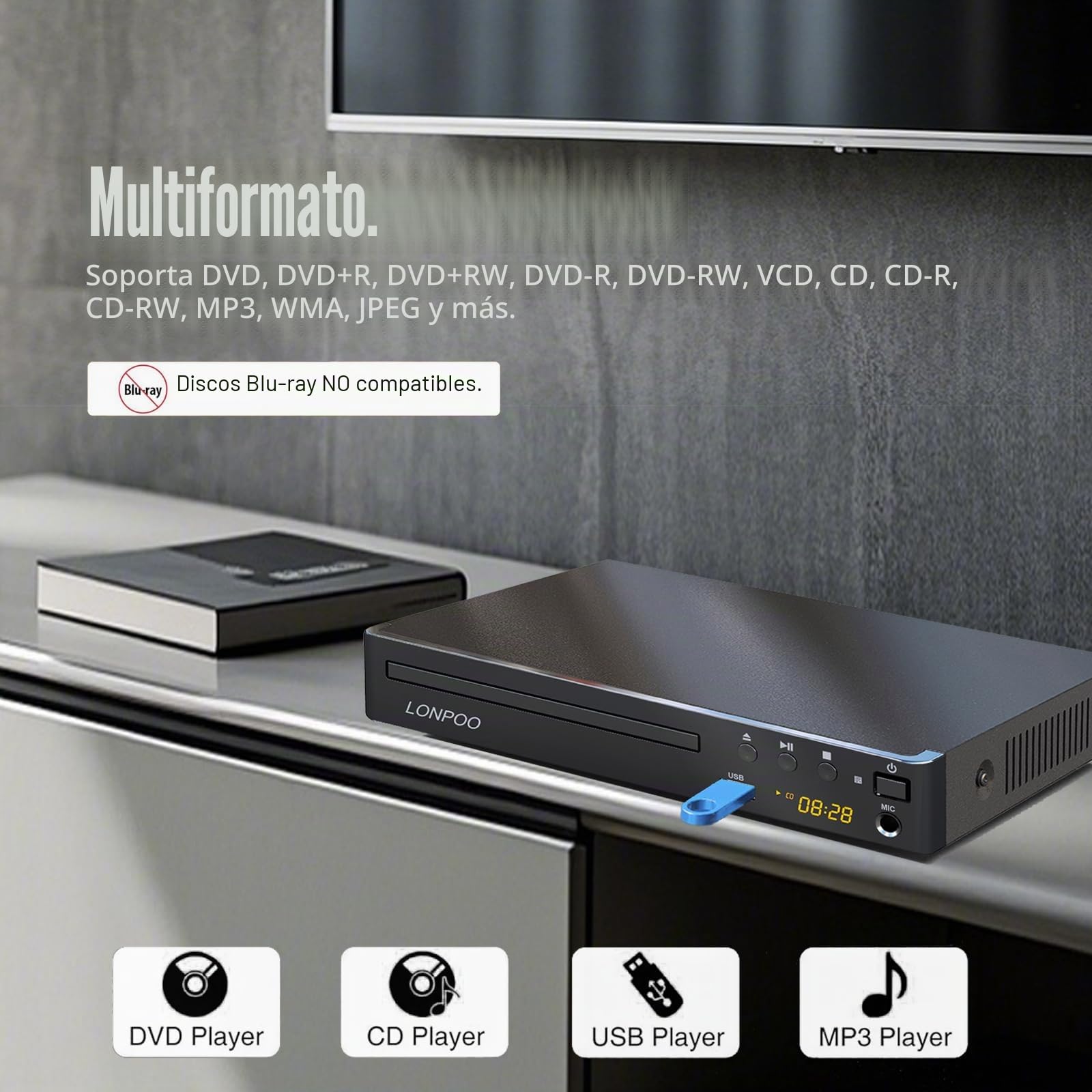 Compacto Reproductor DVD para TV - (HD 1080P escalado Lectore de DVD CD, Salida HDMI/AV/Coxical, Entrada USB, Mic Porta, MP3, Cable HDMI & AV Incluido (LP-099)