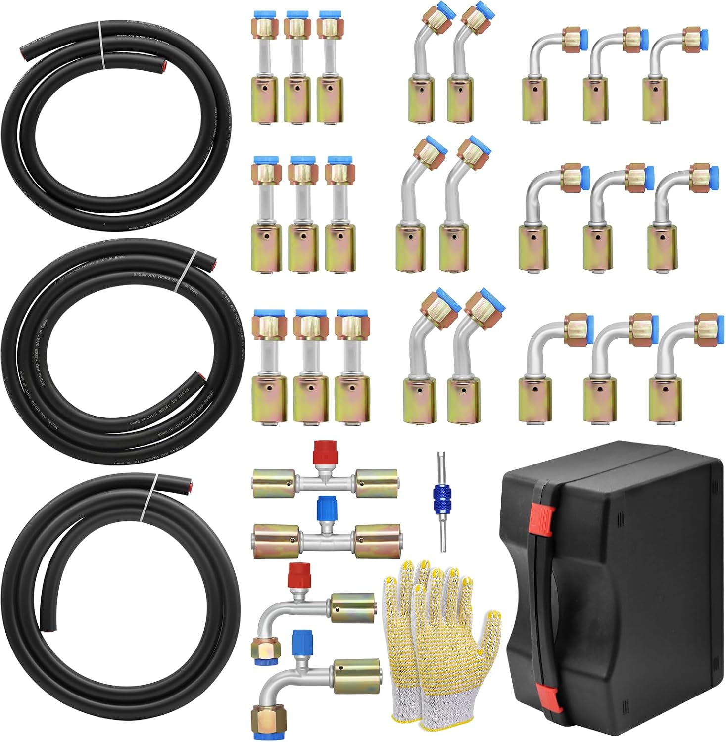 32pcs AC Hose and Fitting Kit, 6.5FT #6#8#10 Air Conditioning A/C Hose and #6#8#10 A/C Line Adapters, Automotive Air Conditioning Hose Repair Kit with R134a Pressure Valve