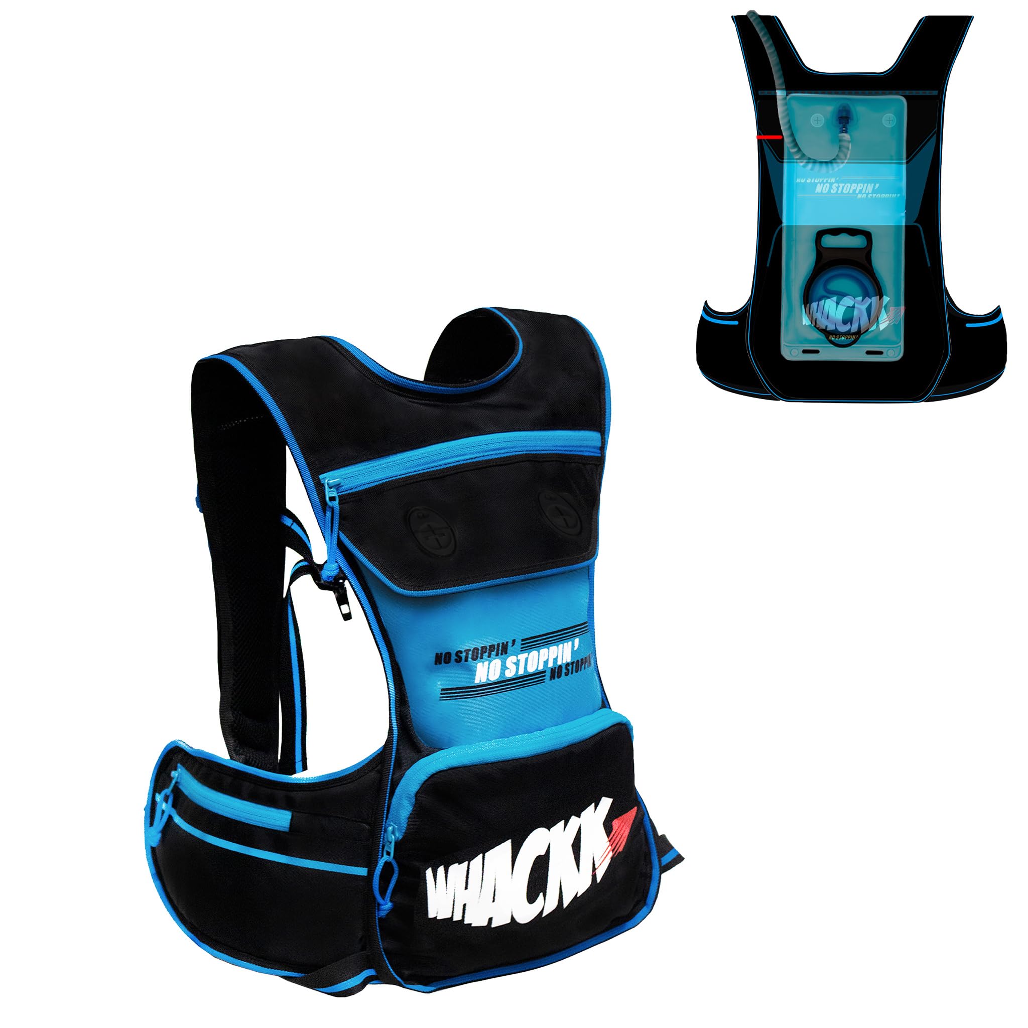 Whackk Whizz Running Bag |Unisex Camping & Hiking | Hydration Pouch Compartment w. Connecting Water ducts Pockets |Exercise & Fitness|Motorcycle Trekking Outdoor (Blue Black, Medium)