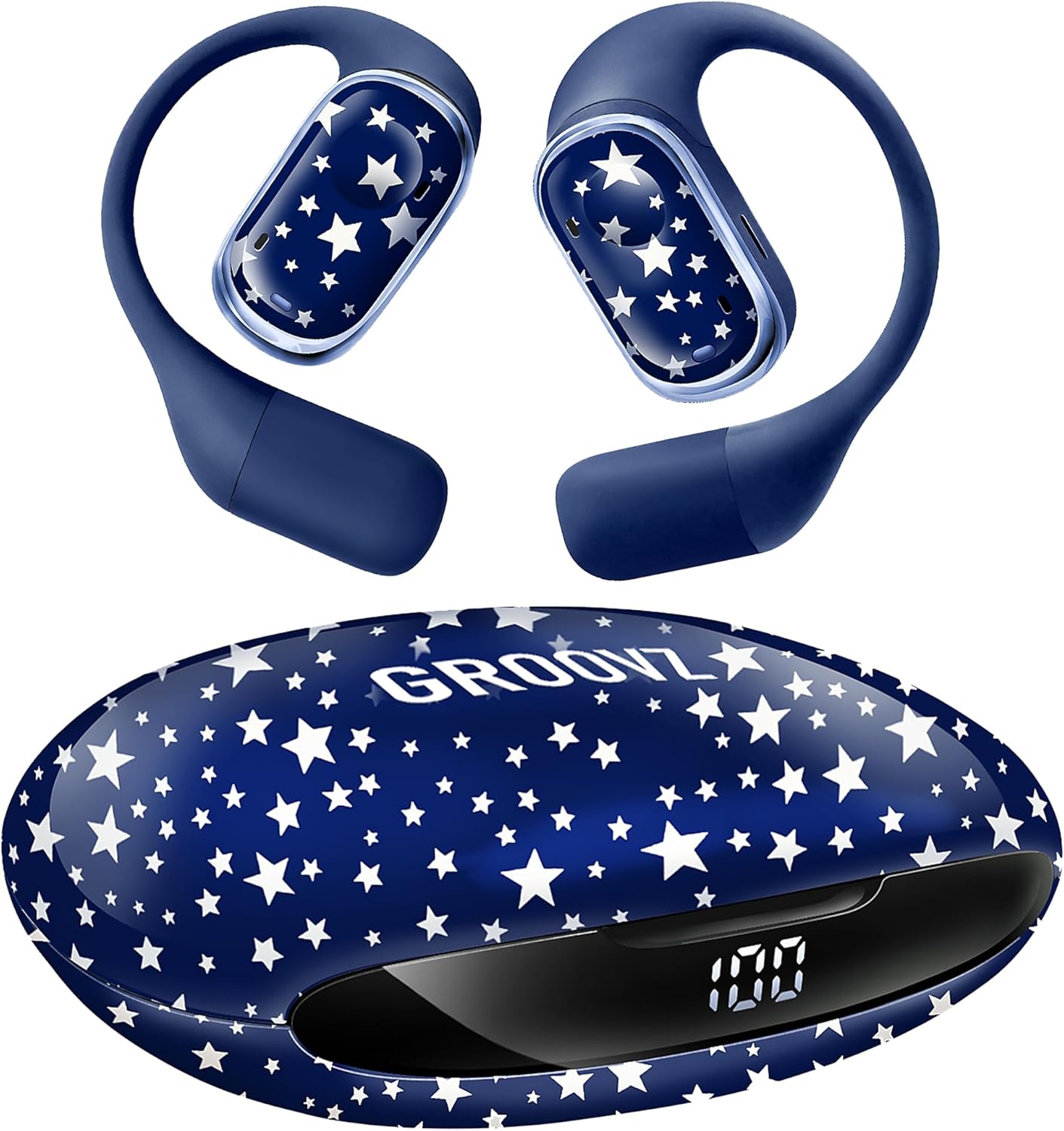 Groovz Open-Ear Plus True Wireless Headphones with Battery Display - Designed & Engineered in the USA - Multi-Point Pairing Bluetooth Open Ear Earbuds Compatible w/Apple & Android - Blue Starry Night