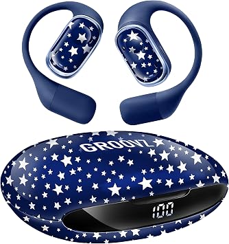 Groovz Open-Ear Plus True Wireless Headphones with Battery Display - Designed & Engineered in the USA - Multi-Point Pairing Bluetooth Open Ear Earbuds Compatible w/Apple & Android - Blue Starry Night