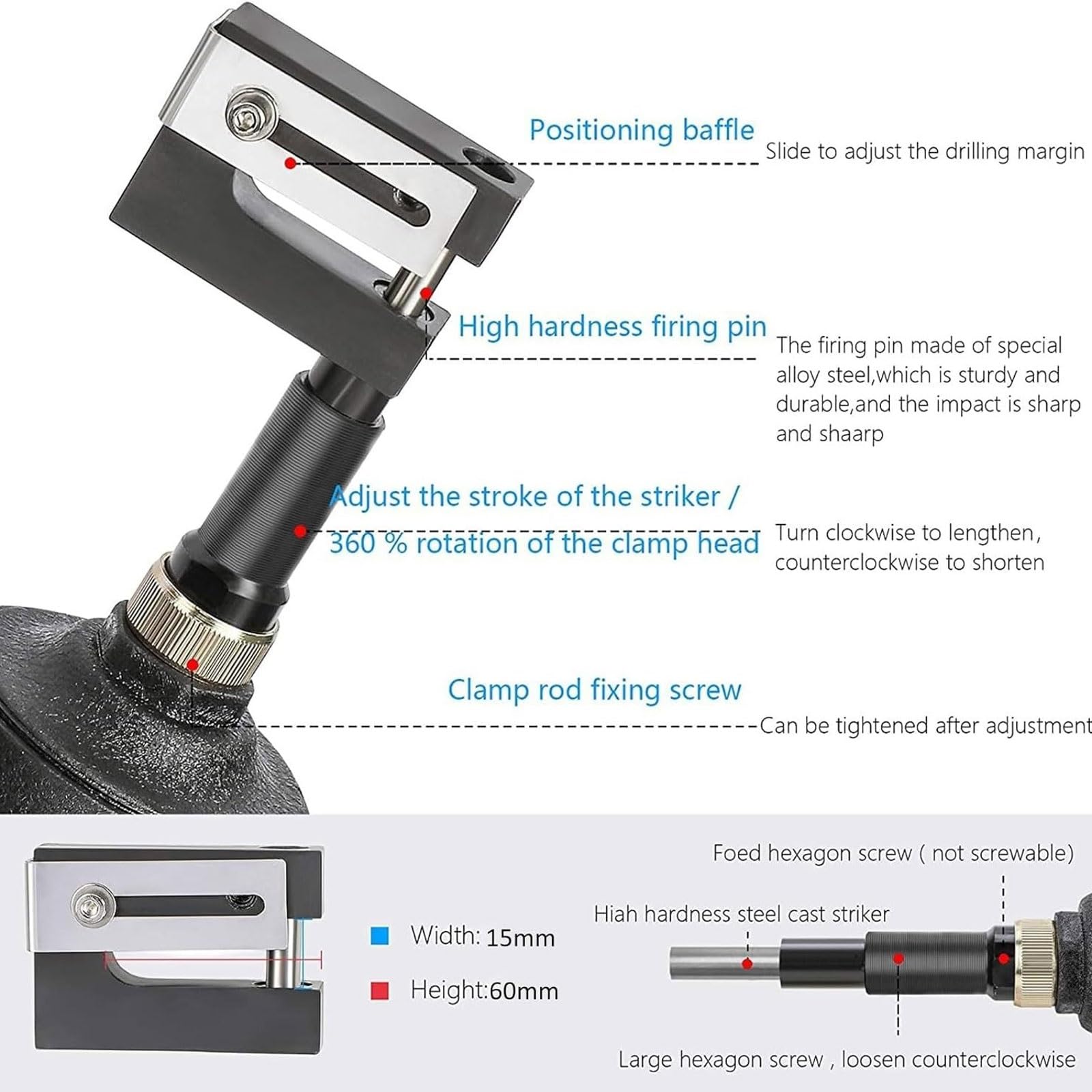 Industrieller Luftlochstanzer, pneumatischer Lochöffner | Hochleistungs-Pneumatik-Metallstanzpistole mit 360°-Drehung for Aluminiumplatten(12mm)