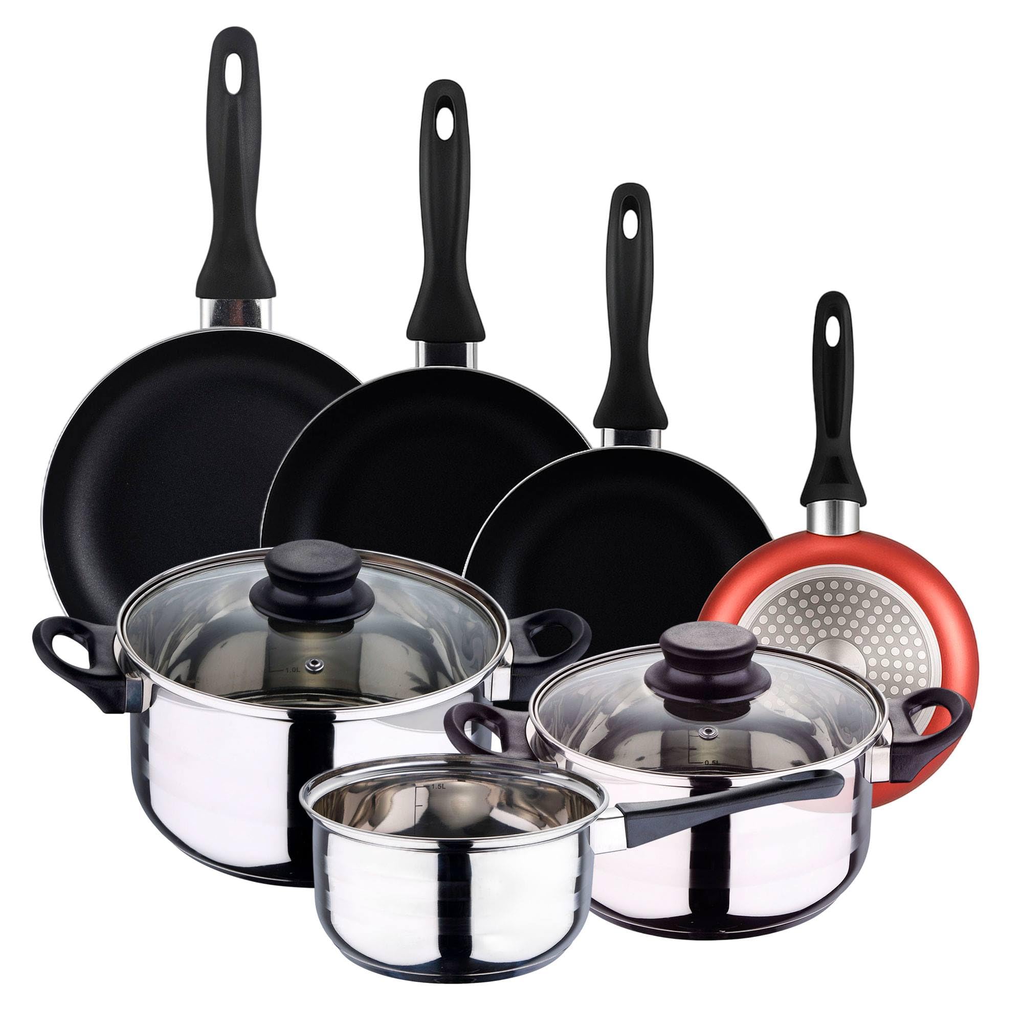 Well Home Pack Batería de cocina 5 Piezas en acero inoxidable + Sartenes Ø16Ø20Ø24Ø28cm Aluminio prensado Cobre metalizado