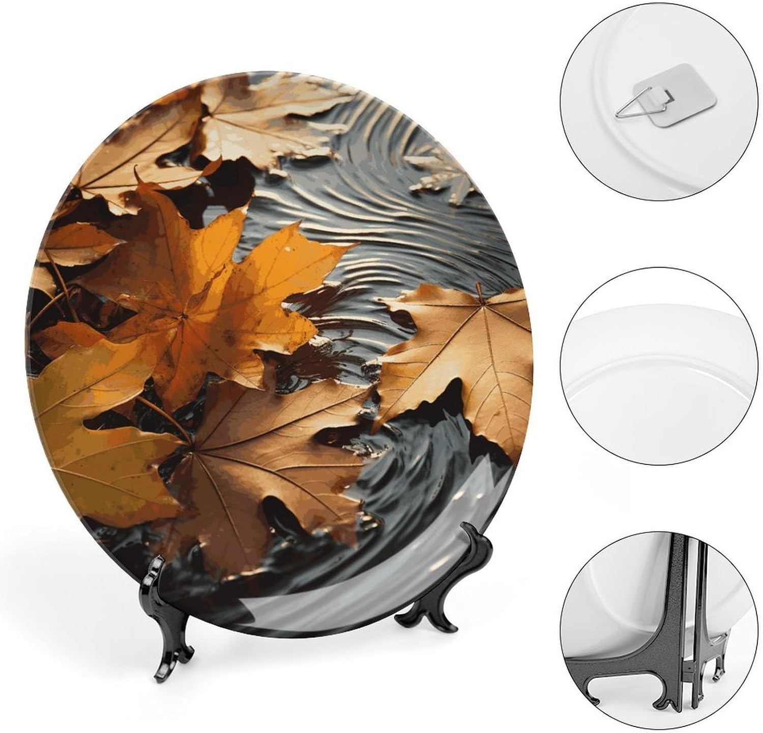 Fall Leaves Decorative Plates for Display Round Porcelain Plate Living Room Table Ceramic Hanging Decorative Plate Art Decor for Living Room Table with 1 Display Stand 10inch