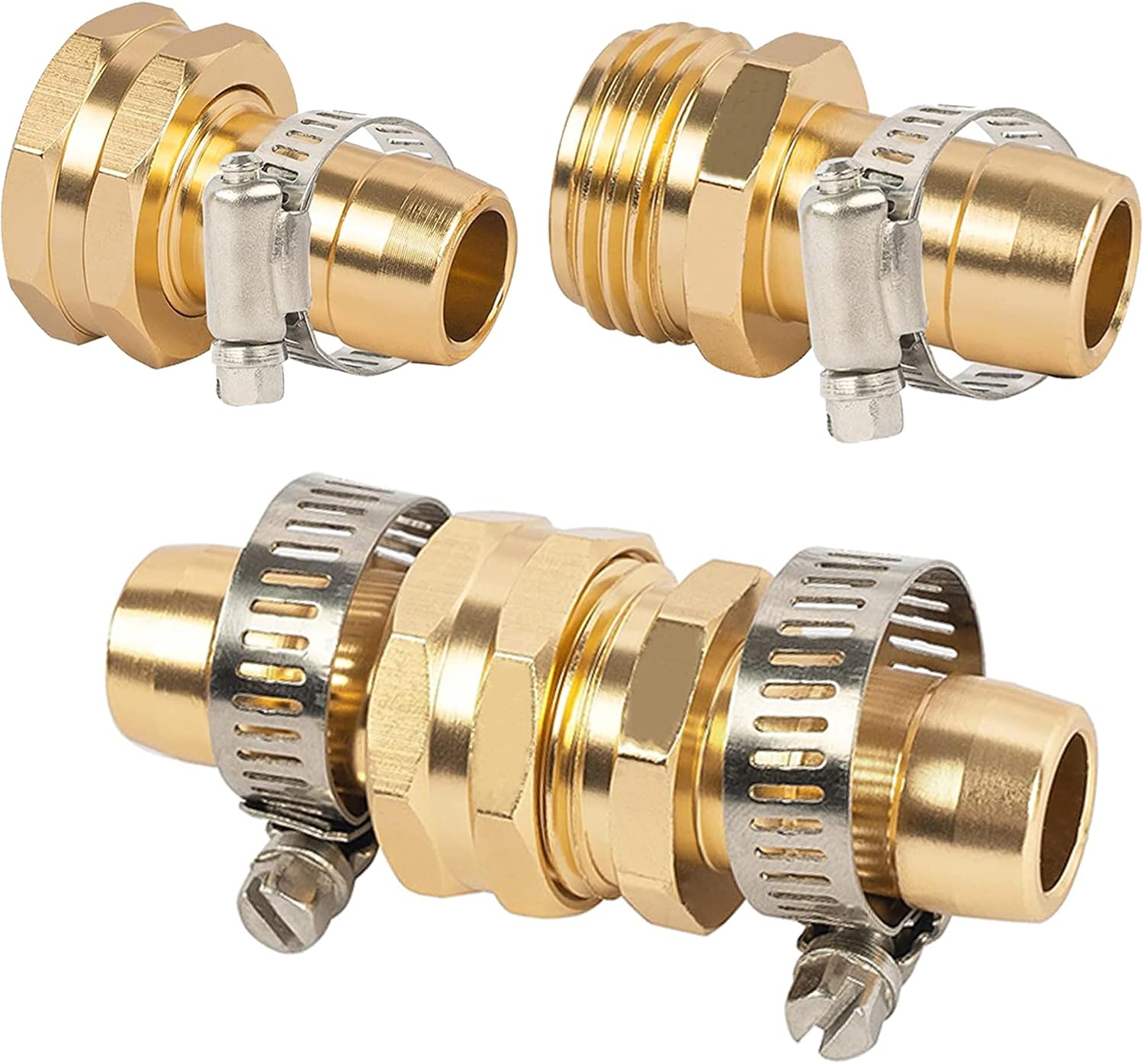 LIULO TOOL Garden Hose Repair Connector with Clamps, Fit for 3/4" or 5/8" Aluminum Garden Hose Fitting, Male and Female Hose Fittings, 3 Sets