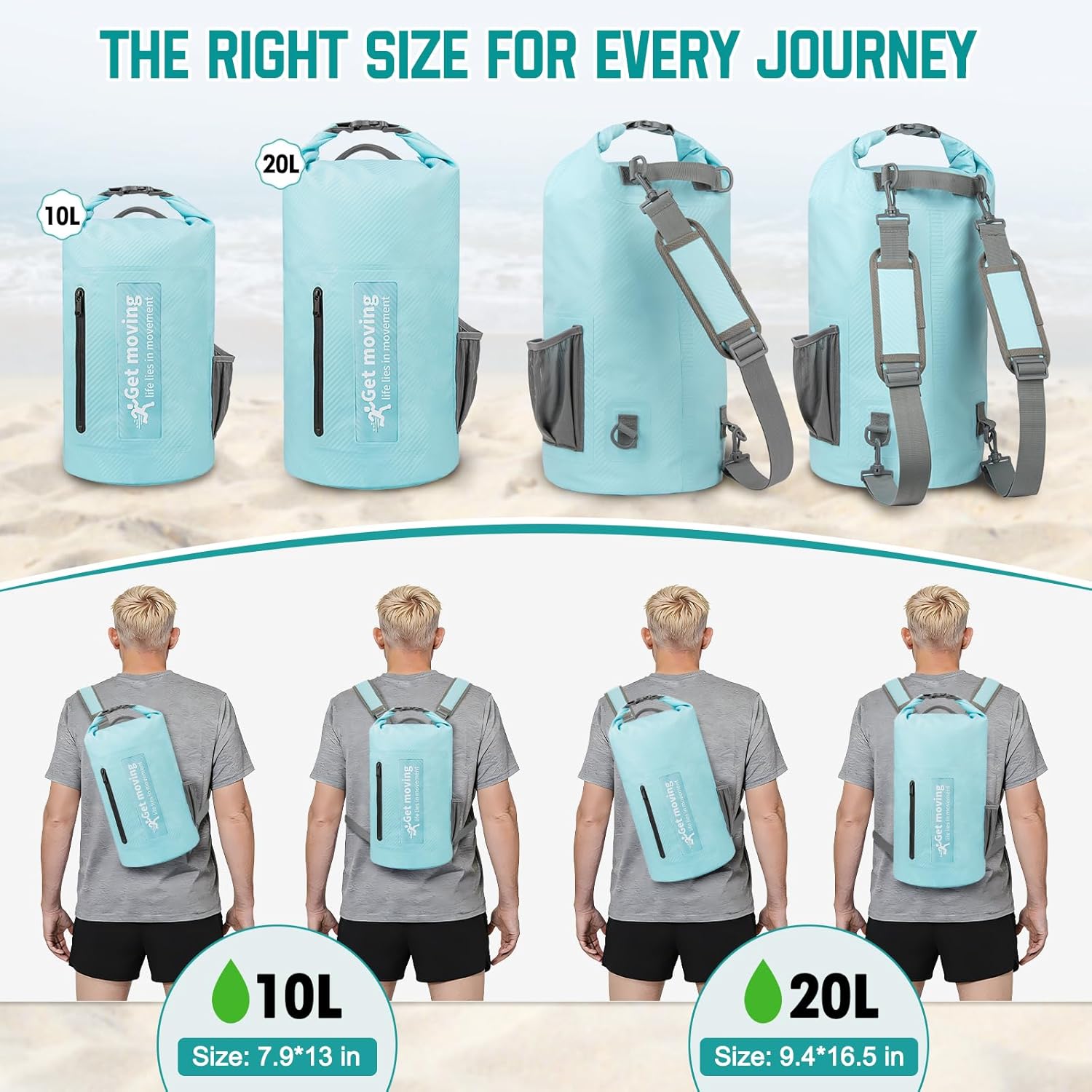 BKNOOU Dry Bag Waterproof Backpack for Women Men, 10L/20L Roll Top Dry Bags for Kayaking Waterproof Bag for Travel, Boating, Beach, Camping, Hiking & Rafting, Dry Storage Bag with Phone Pouch