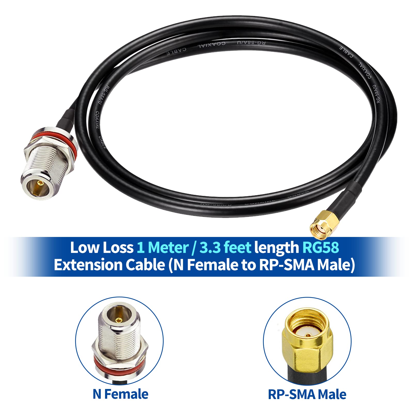 Bingfu Antenne Lora 868 MHz Extérieure N/RP-SMA/SMA Mâle 3dBi Câble 1 m