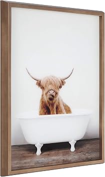Kate and Laurel Blake Highland Cow in Tub Framed Printed Glass Art by Amy Peterson, 18x24 Dark Gold, Beautiful Modern Glass Wall Art for Home