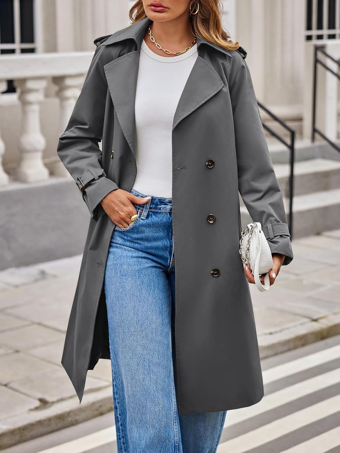 Tankaneo Womens Long Trench Coat Double Breasted Notch Lapel Lightweight Oversized Windproof Fall Overcoat with Belt - Image 2