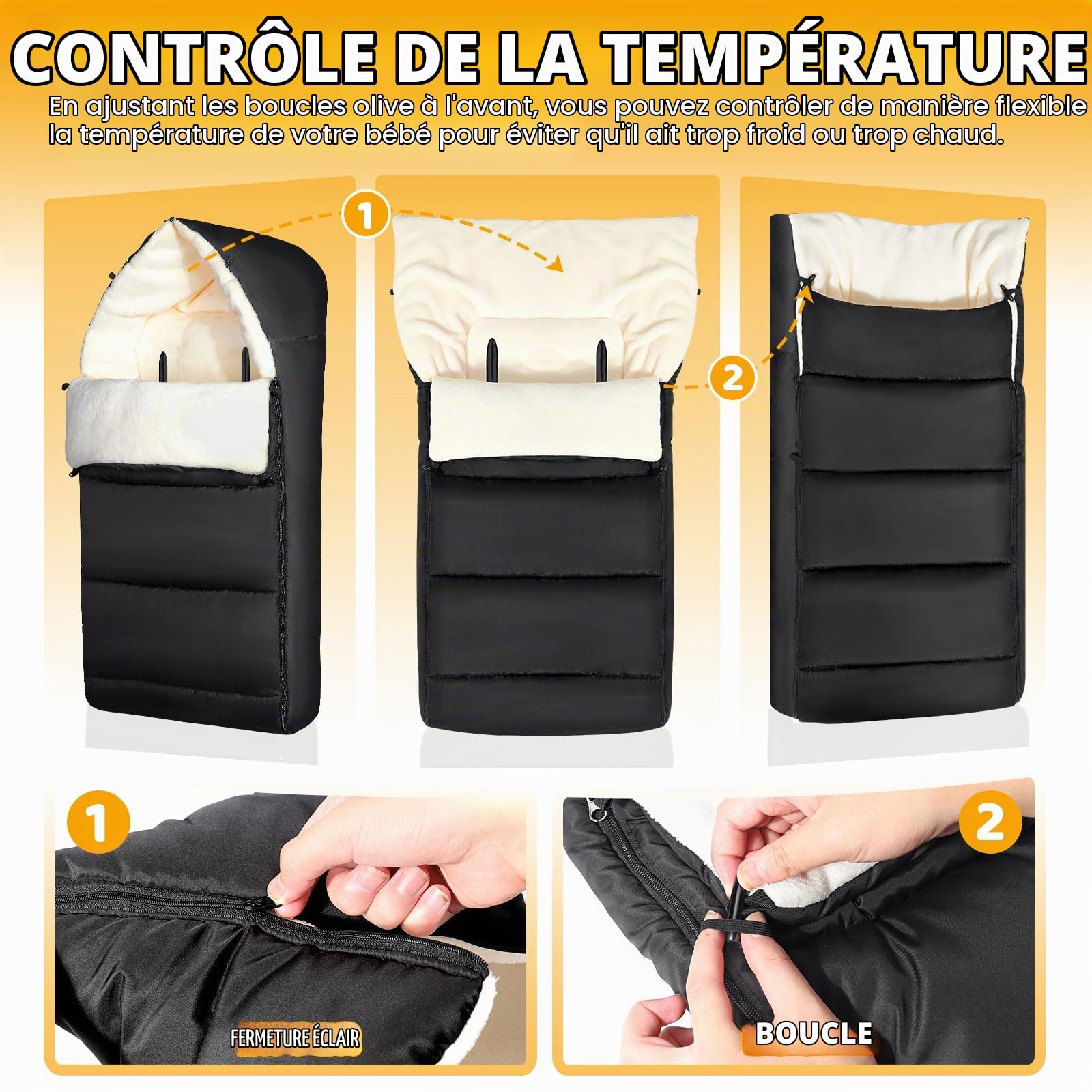 Chanceliere Bebe Poussette Universelle, Imperméable Chanceliere Bebe Cosy avec Fermeture Éclair Réglable, Hiver Chancelière Poussette, Détachable & Durable, Tissu Cationique Chaud, Noir Classique