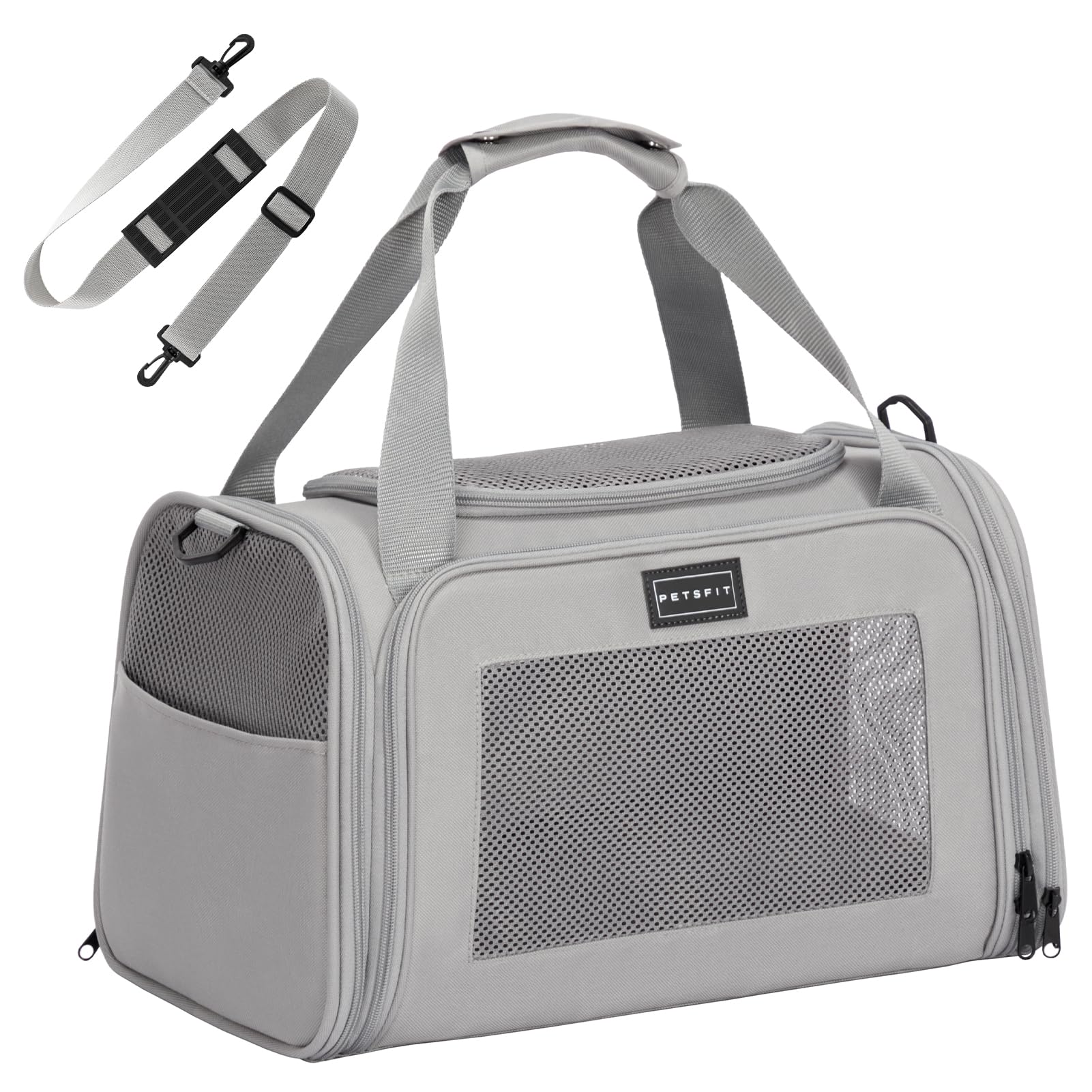 Petsfit Transportín Perro Plegable, Transportin Perro Pequeño, con Tirantes Ajustables, Transportin Gato Bolsa Transporte Perro Mochila Transpirable Acolchado Suave para Coche y Tren, S/Gris