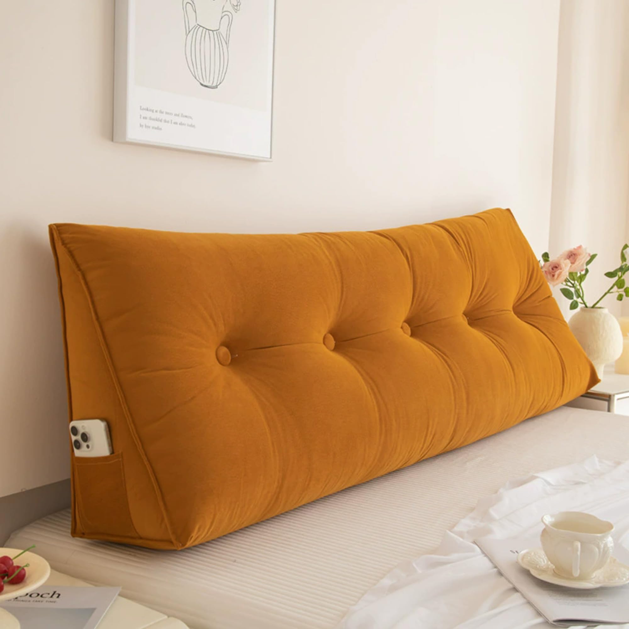 Hruile Large Reading Pillow, Headboard Wedge Cushion, Ergonomic Backrest Support Cushion for Bed & Sofa, Back Lumbar Positioning Support Pillow with Removable Cover (60x50x20cm,Yellow)