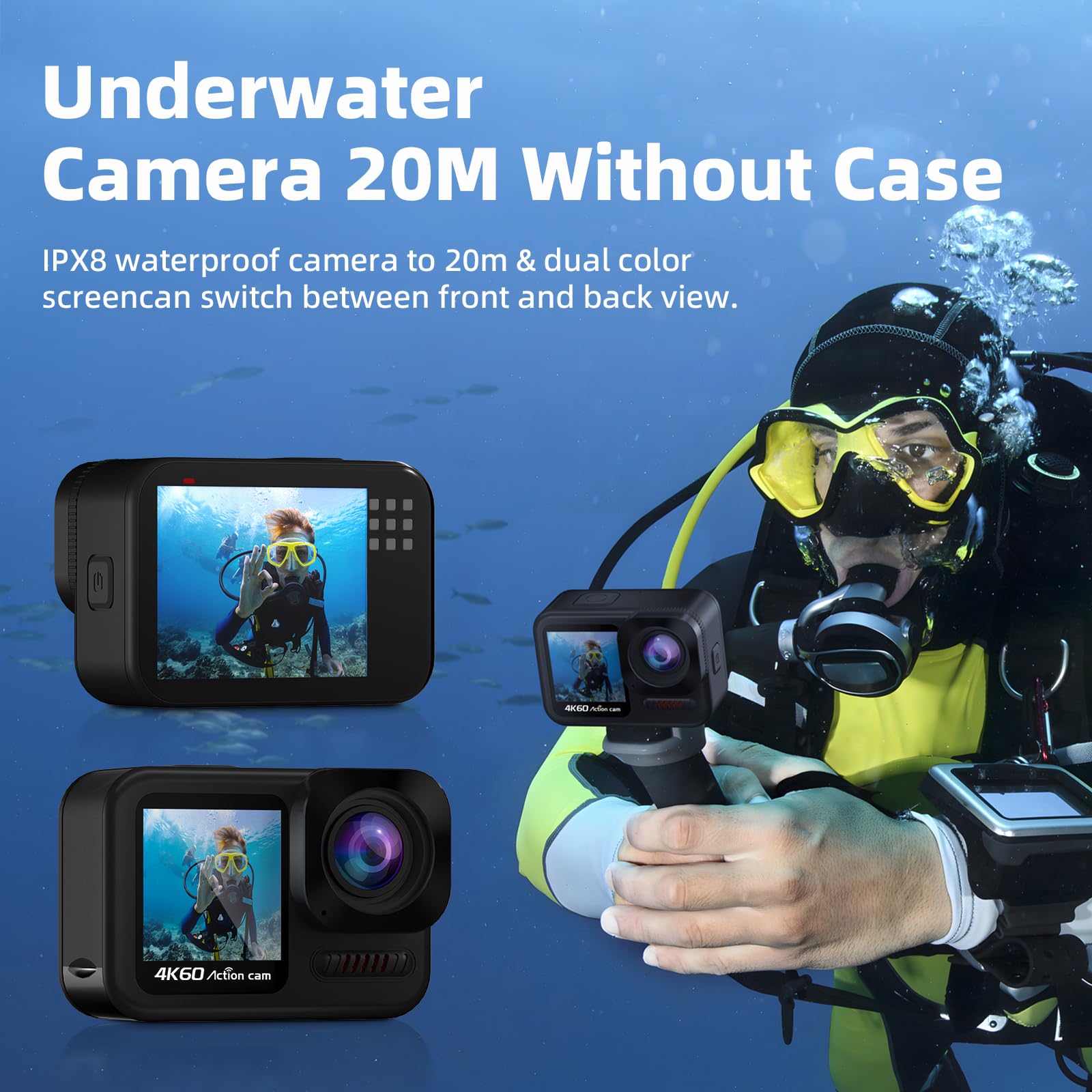 4K60FPS Action Cam con scheda SD da 64G, Fotocamera Subacquea 20M, Videocamera Sportiva con Touchscreen da 48MP, 8X zoom WIFI Videocamera con Telecomando,EIS Telecamera Sott'acqua