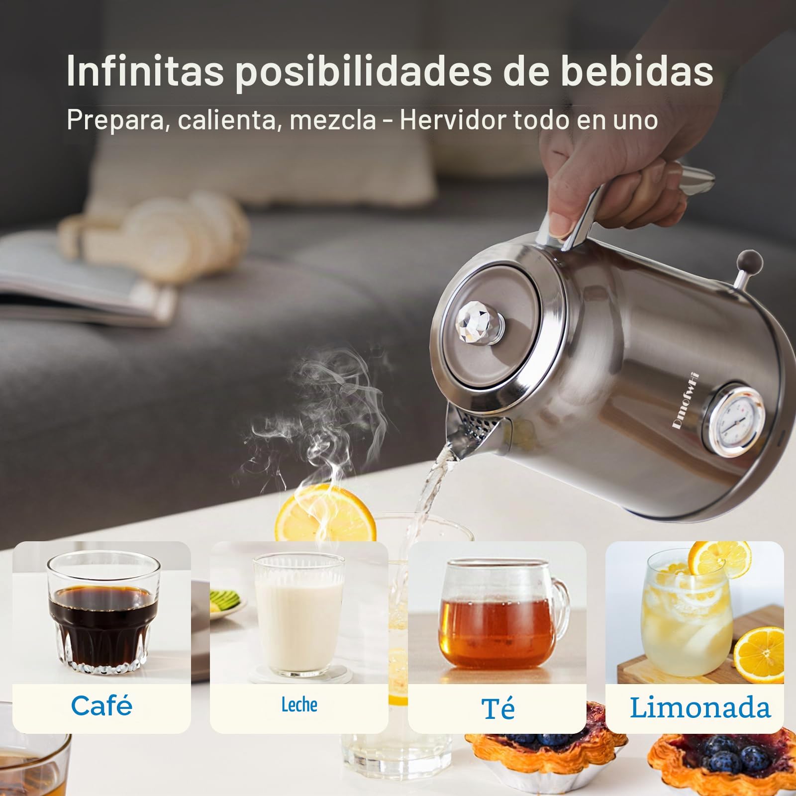 DmofwHi Hervidor de Agua Eléctrico de 1,7 Litros - Tetera Electrica con Termómetro e Indicador de Temperatura - Apagado Auto & Protección Ebullición Seca - Para Café, Té y Familia (Cromo)